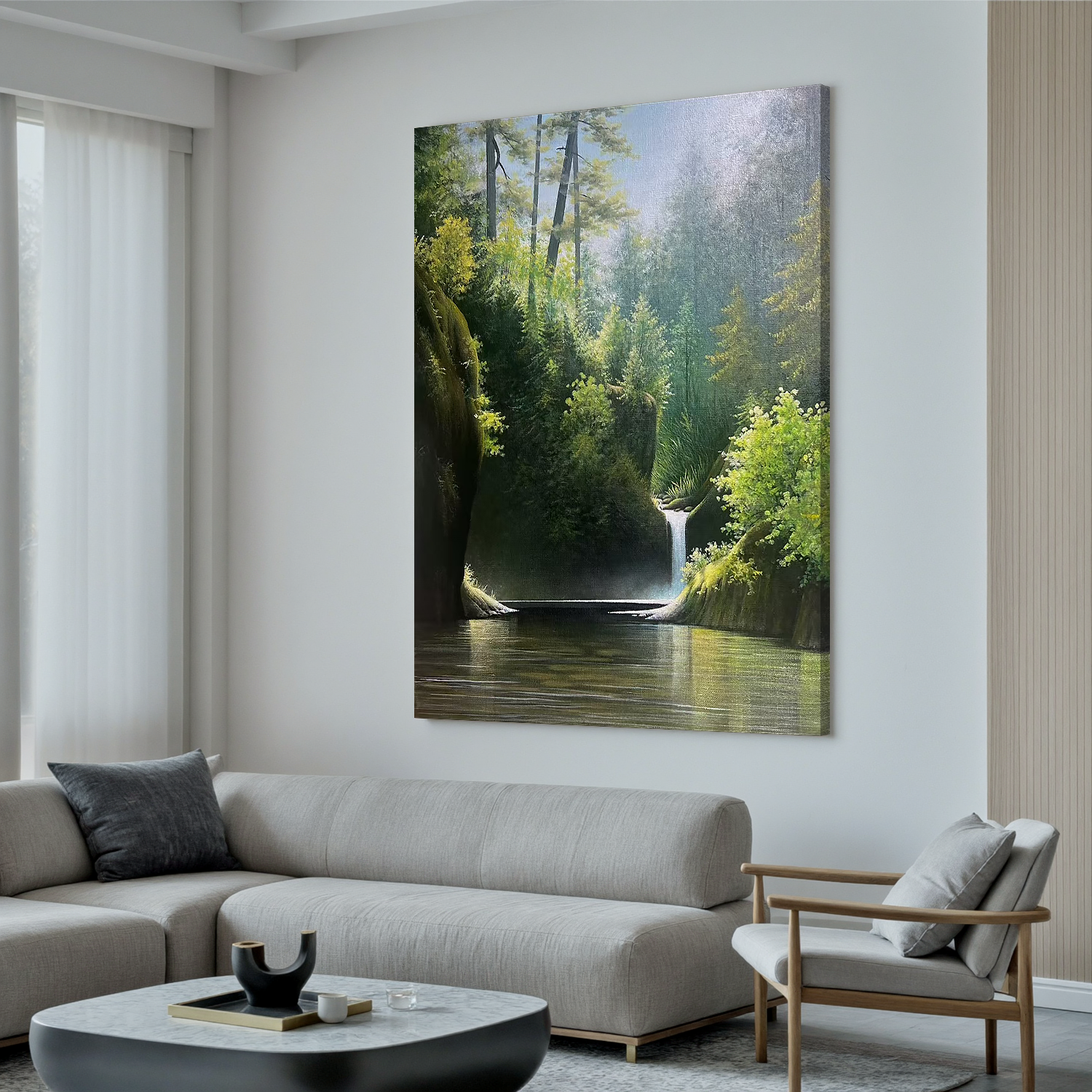 Serene Forest Waterfall Wall Art โ Lush Nature Landscape Canvas Painting with Wooden Bridge for Living Room Decor #OA 0813