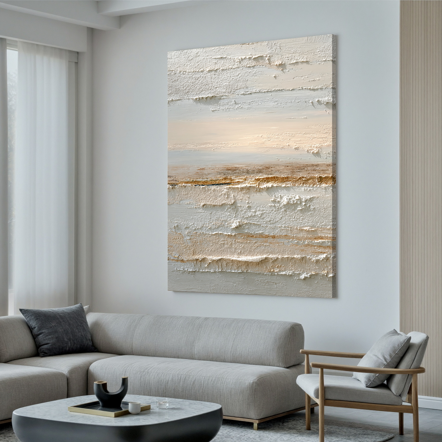 Neutral Abstract Landscape Canvas Wall Art – Textured Cream and Beige Painting for Minimalist Living Room Decor#OA 0857