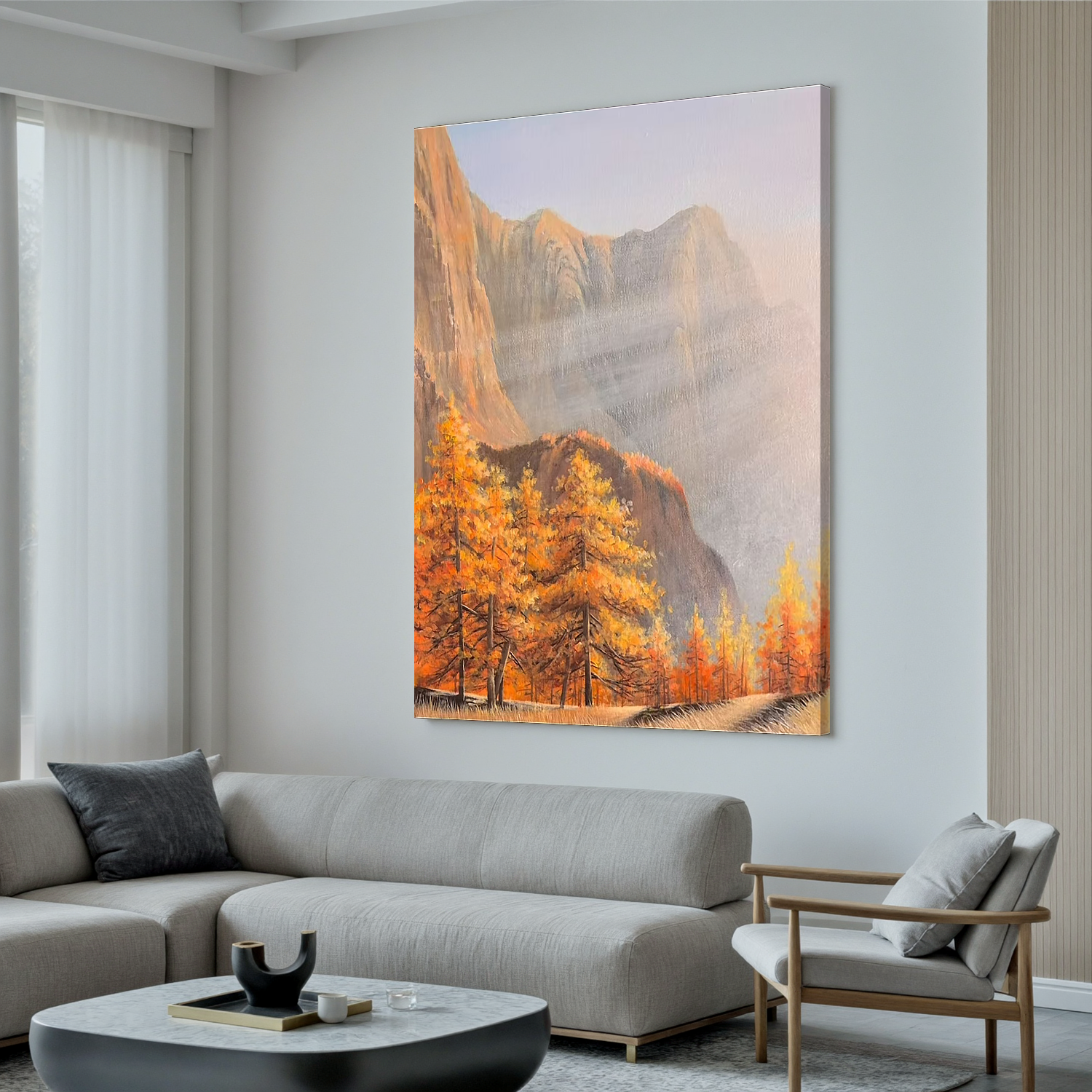 Autumn Mountain Landscape Wall Art โ Misty Forest Canvas Painting with Golden Trees for Living Room Decor #OA 0814