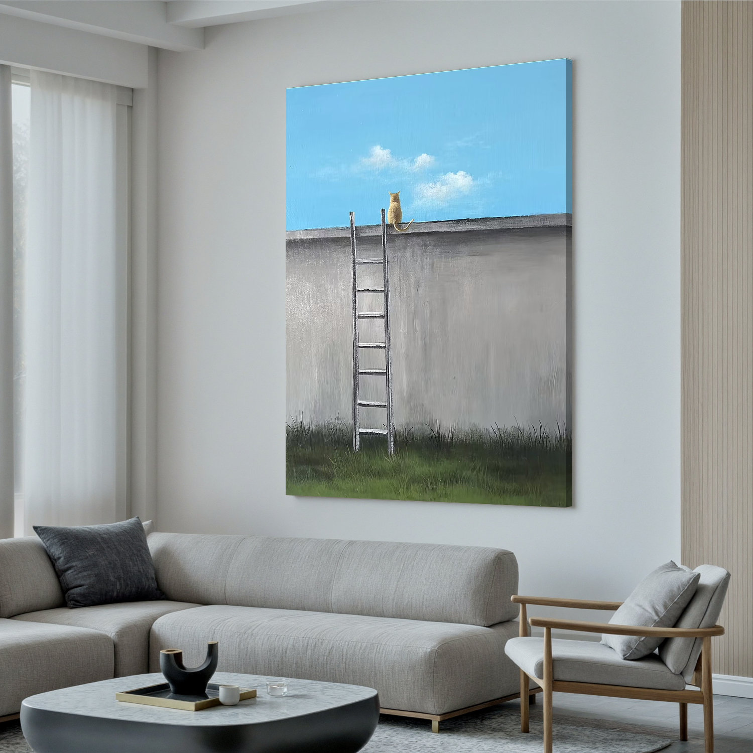 Minimalist Cat on Wall with Ladder Wall Art, Nordic Style Animal Canvas Painting for Living Room Decor #OA 0778