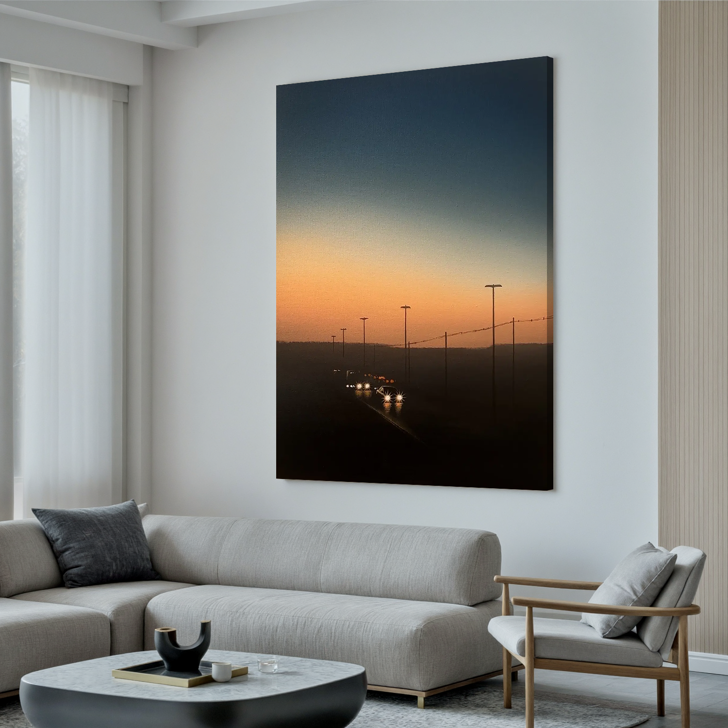 Sunset Highway Wall Art with Car Lights, Cinematic Dusk Road Landscape Canvas for Modern Living Room Decor #OA 0751