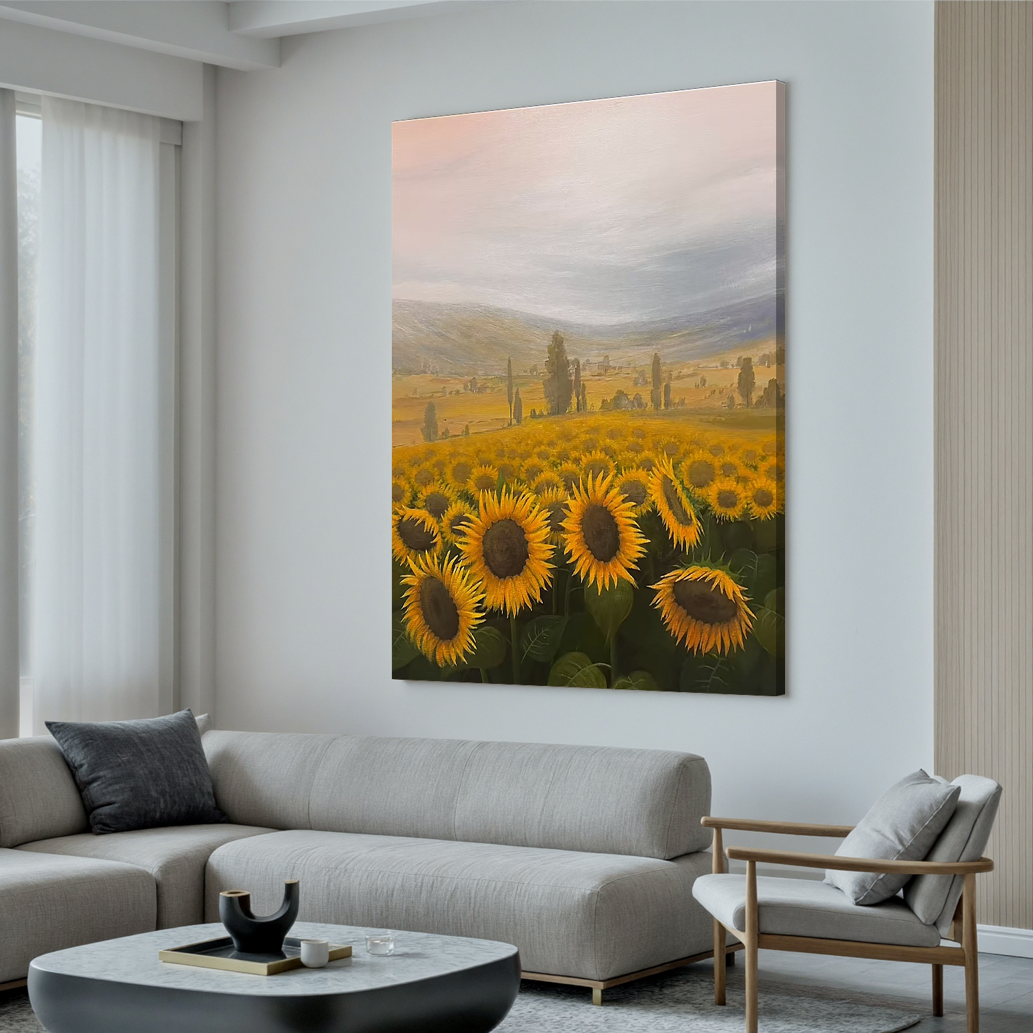 Sunflower Field Landscape Wall Art โ Tuscany Countryside Canvas Painting for Living Room Decor #OA 0809