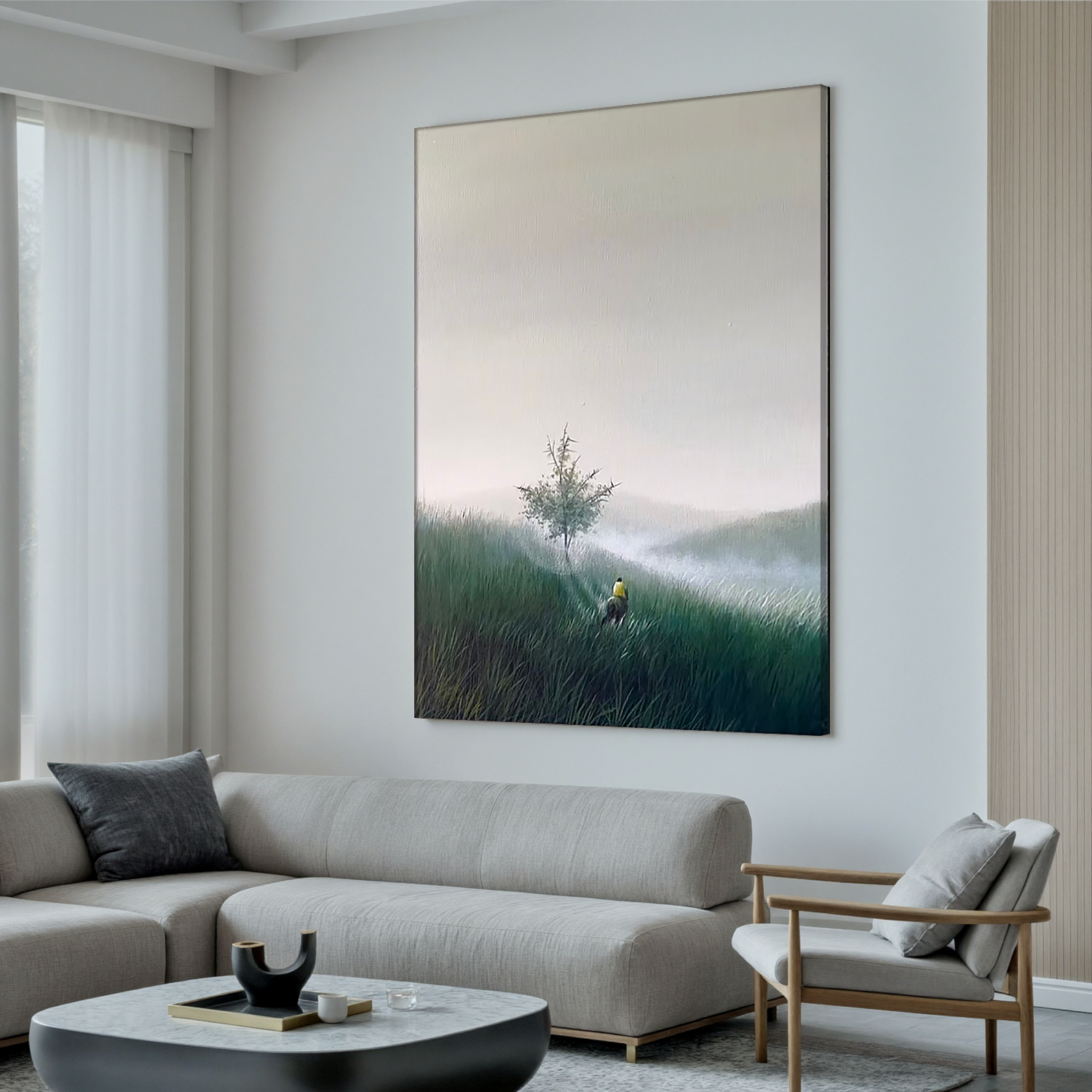 Misty Meadow Landscape Wall Art โ Solitary Tree and Figure Canvas Painting for Living Room Decor #OA 0805