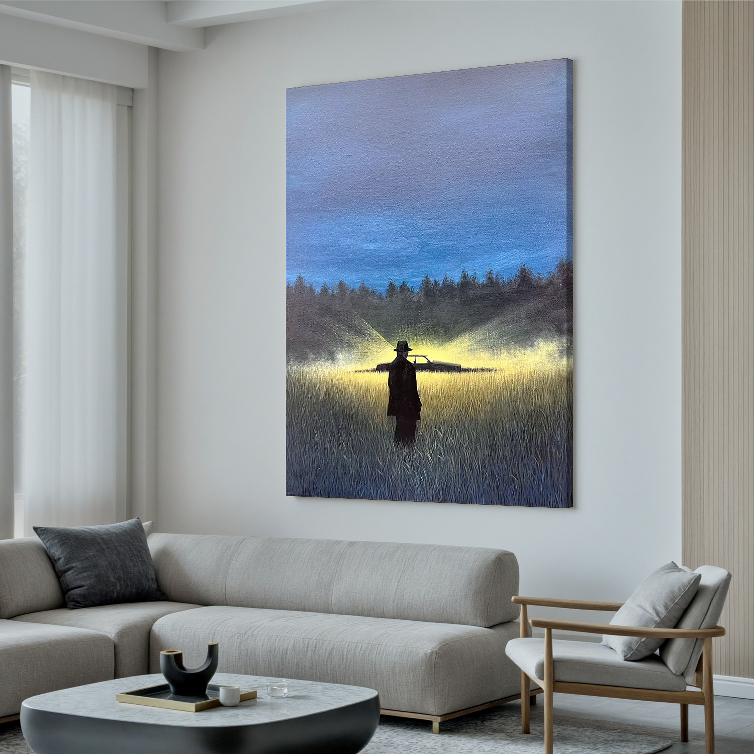 Mysterious Night Landscape Wall Art with Silhouette Figure and Car Headlights – Cinematic Canvas Painting for Modern Home Decor #OA 0796