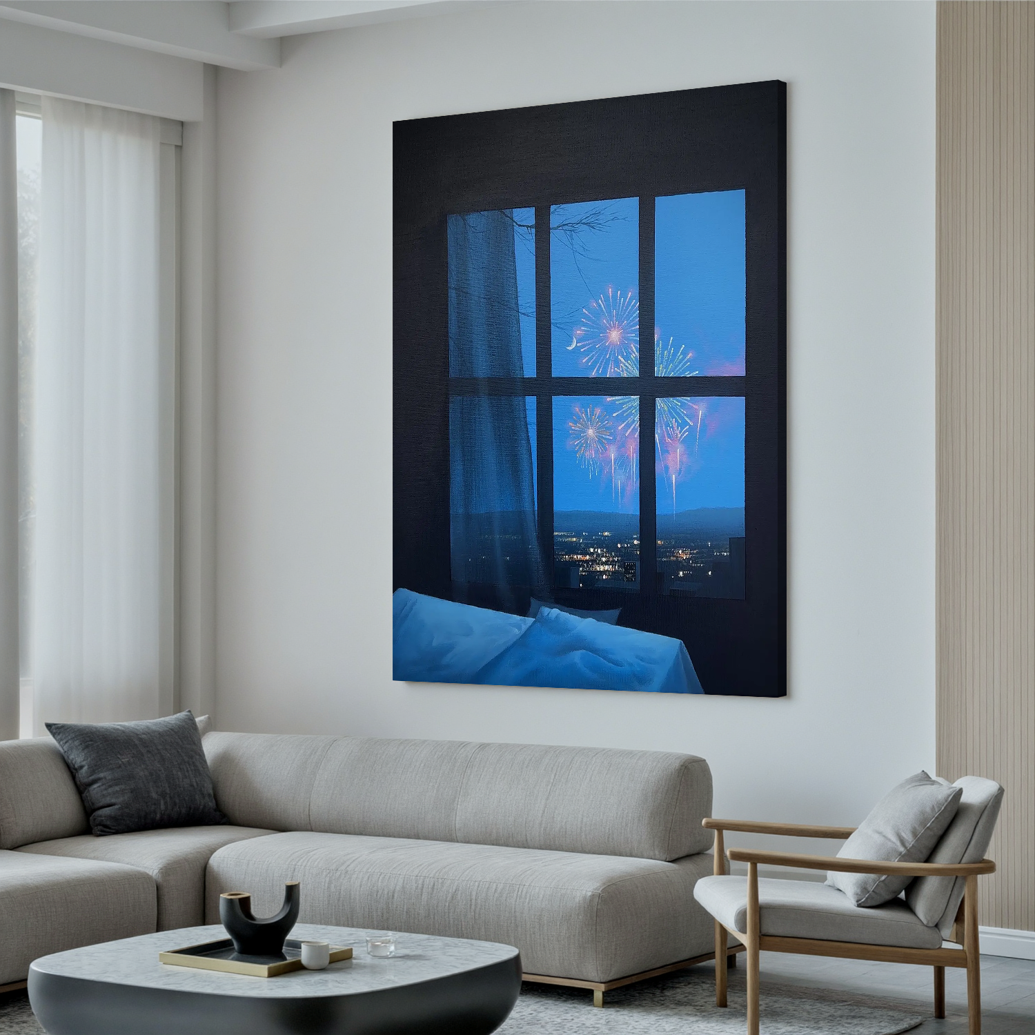 Fireworks City View Wall Art, Romantic Night Window Scene Canvas Painting for Bedroom or Living Room Decor #OA 0745