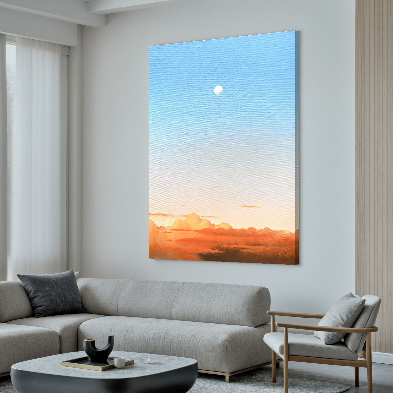 Minimalist Moon and Sunset Sky Wall Art, Serene Gradient Cloud Landscape Canvas Painting for Modern Living Room Decor #OA 0772