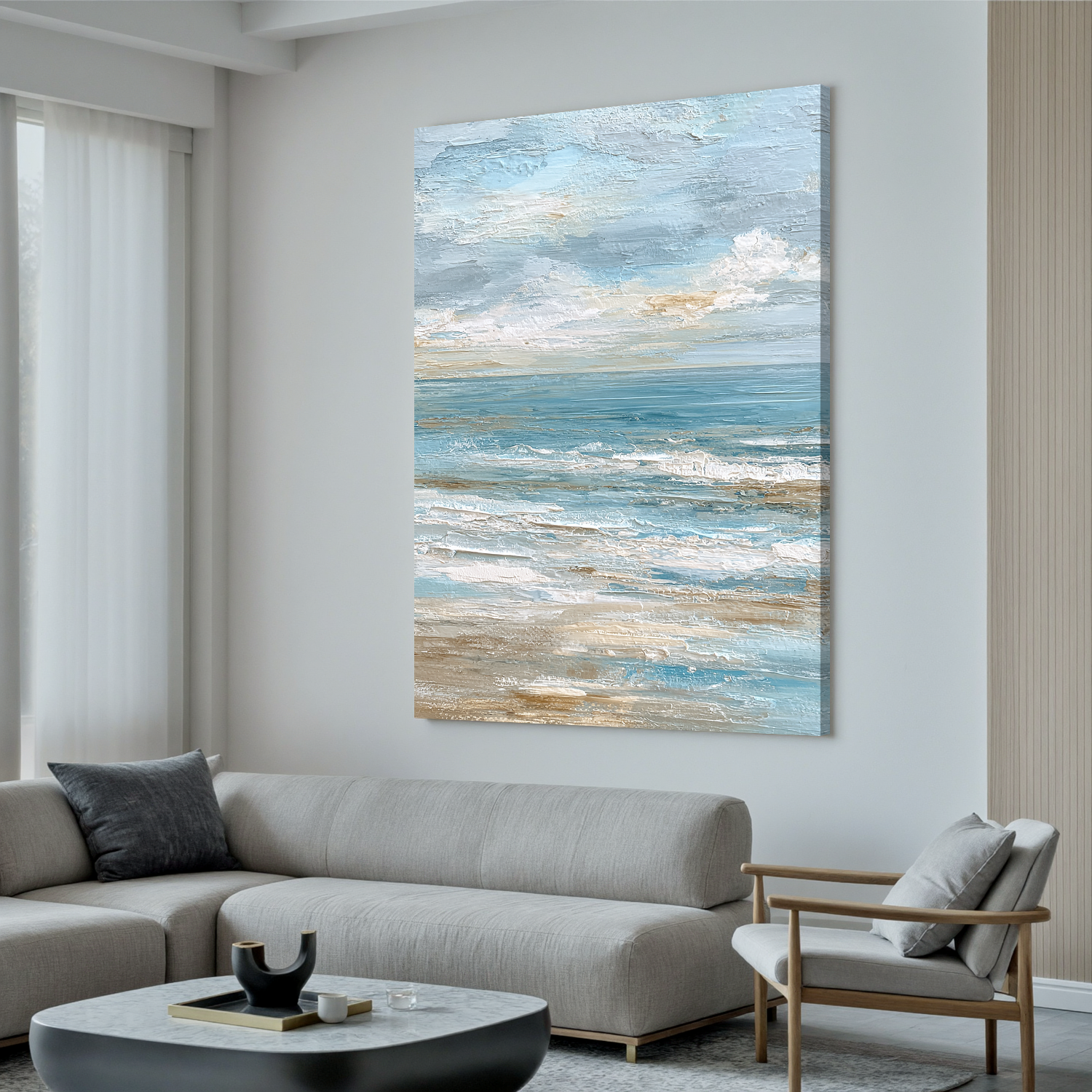 Large Vertical Coastal Seascape Canvas Wall Art – Soft Blue Ocean Waves Painting for Beach House Decor#OA 0841