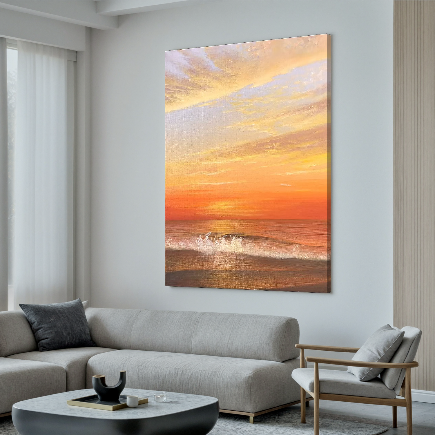 Golden Ocean Sunset Wall Art, Seascape Canvas Painting with Waves for Living Room and Bedroom Decor #OA 0775