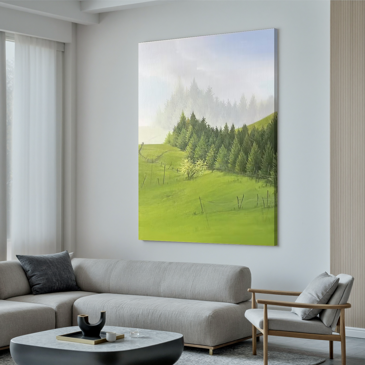 Misty Green Countryside Wall Art, Serene Pine Forest and Rolling Hills Landscape Canvas Painting for Living Room Decor #OA 0793