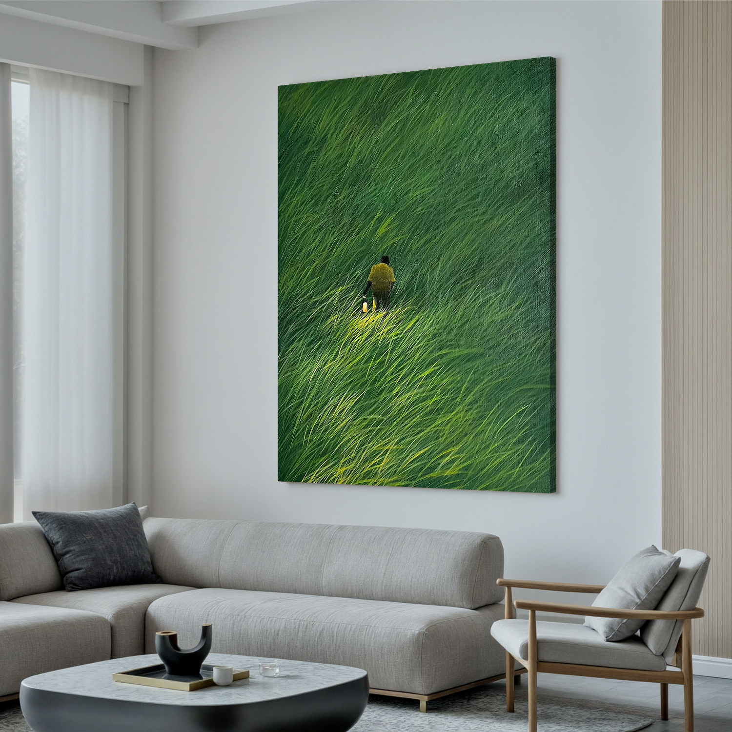 Solitary Figure with Lantern in Green Meadow Wall Art โ Serene Nature Landscape Canvas for Living Room Decor #OA 0803