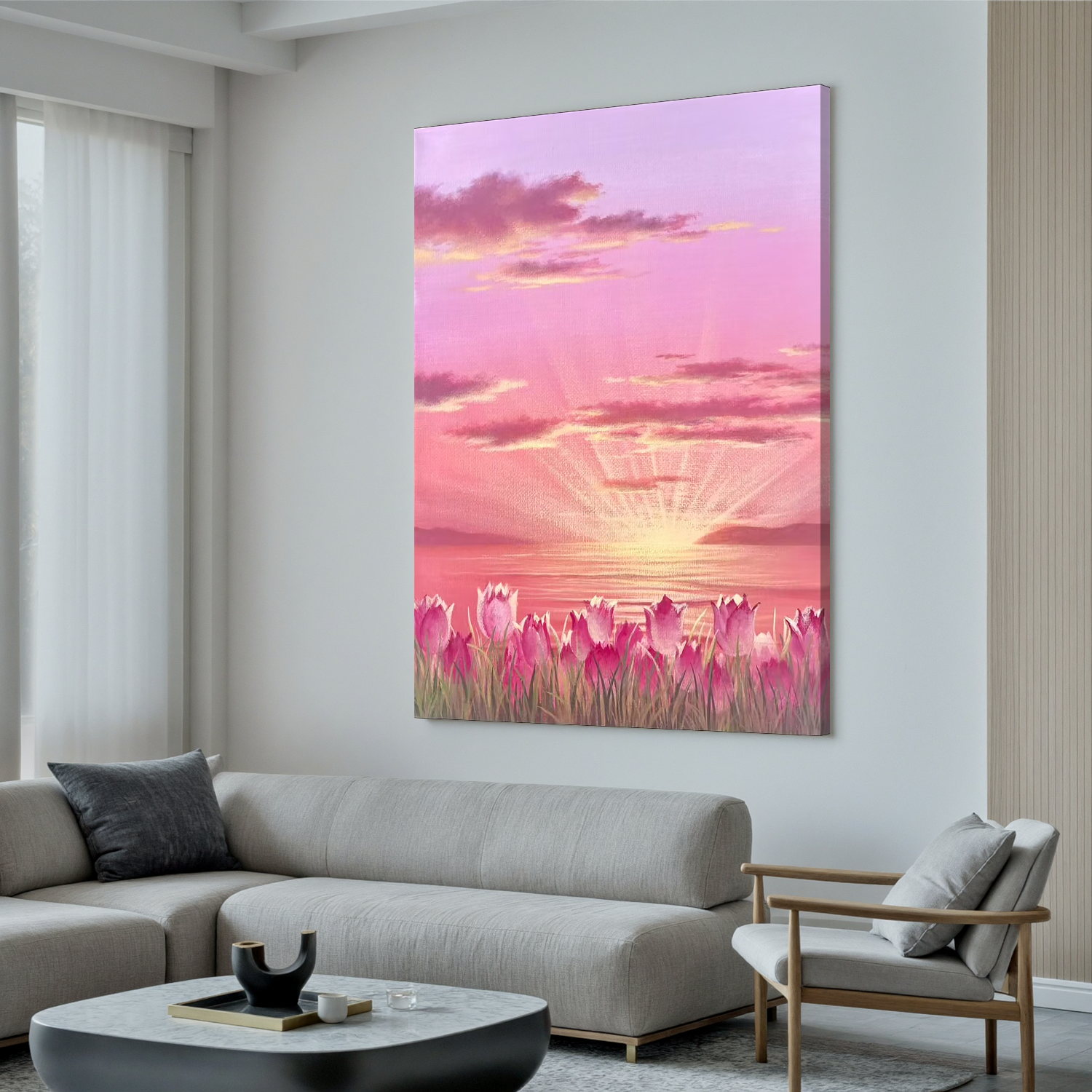 Pink Tulip Sunset Wall Art, Romantic Floral Landscape Canvas Painting, Dreamy Lake Sunrise Decor for Living Room Bedroom #OA 0785