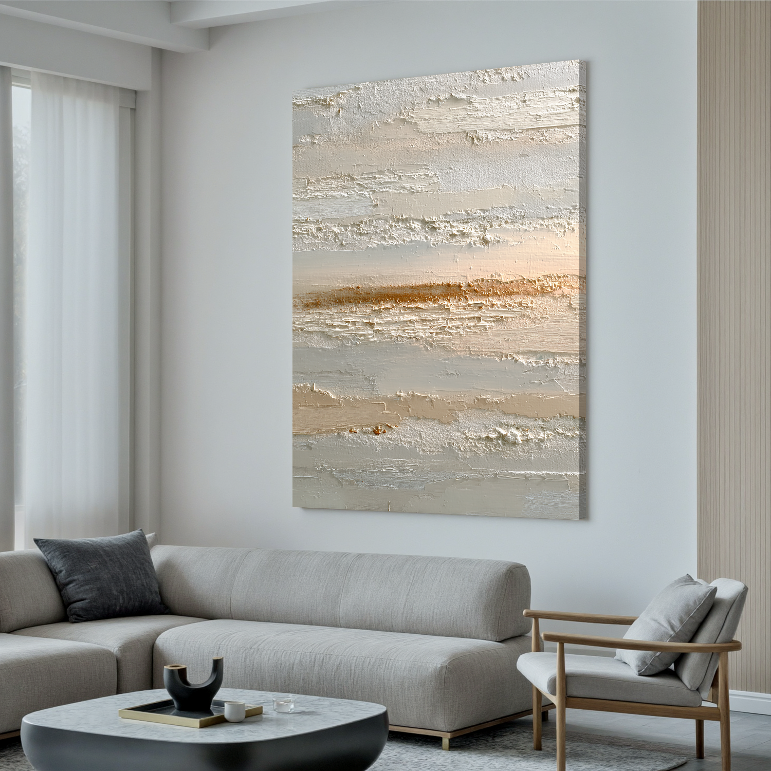 Minimalist Neutral Abstract Canvas Wall Art – Textured Beige Coastal Landscape Painting for Modern Living Room Decor#OA 0860
