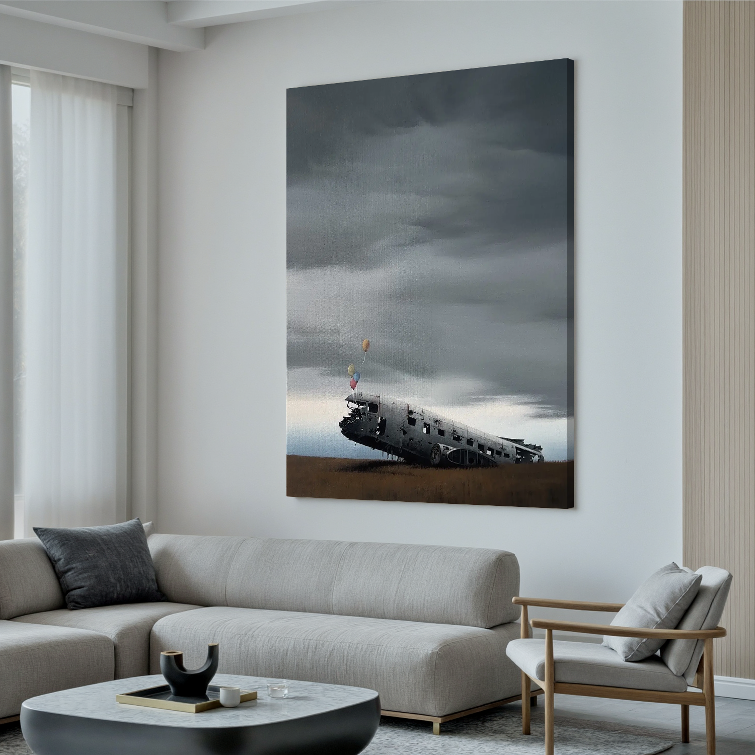 Surreal Airplane Wreck with Balloons Wall Art, Moody Landscape Canvas Painting for Modern Living Room Decor #OA 0761