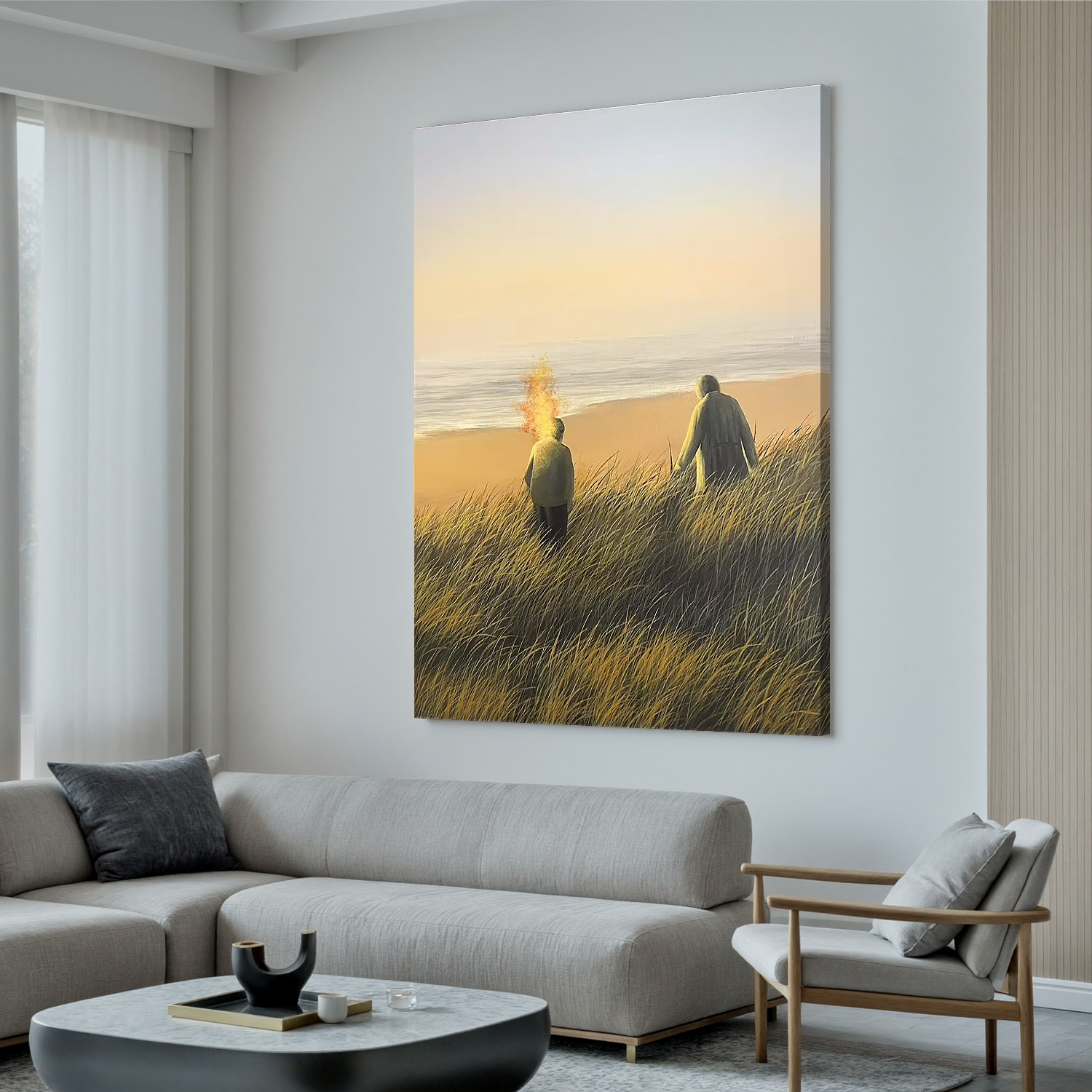 Serene Coastal Sunset Wall Art with Figures – Beach Landscape Canvas Painting for Living Room Decor #OA 0797