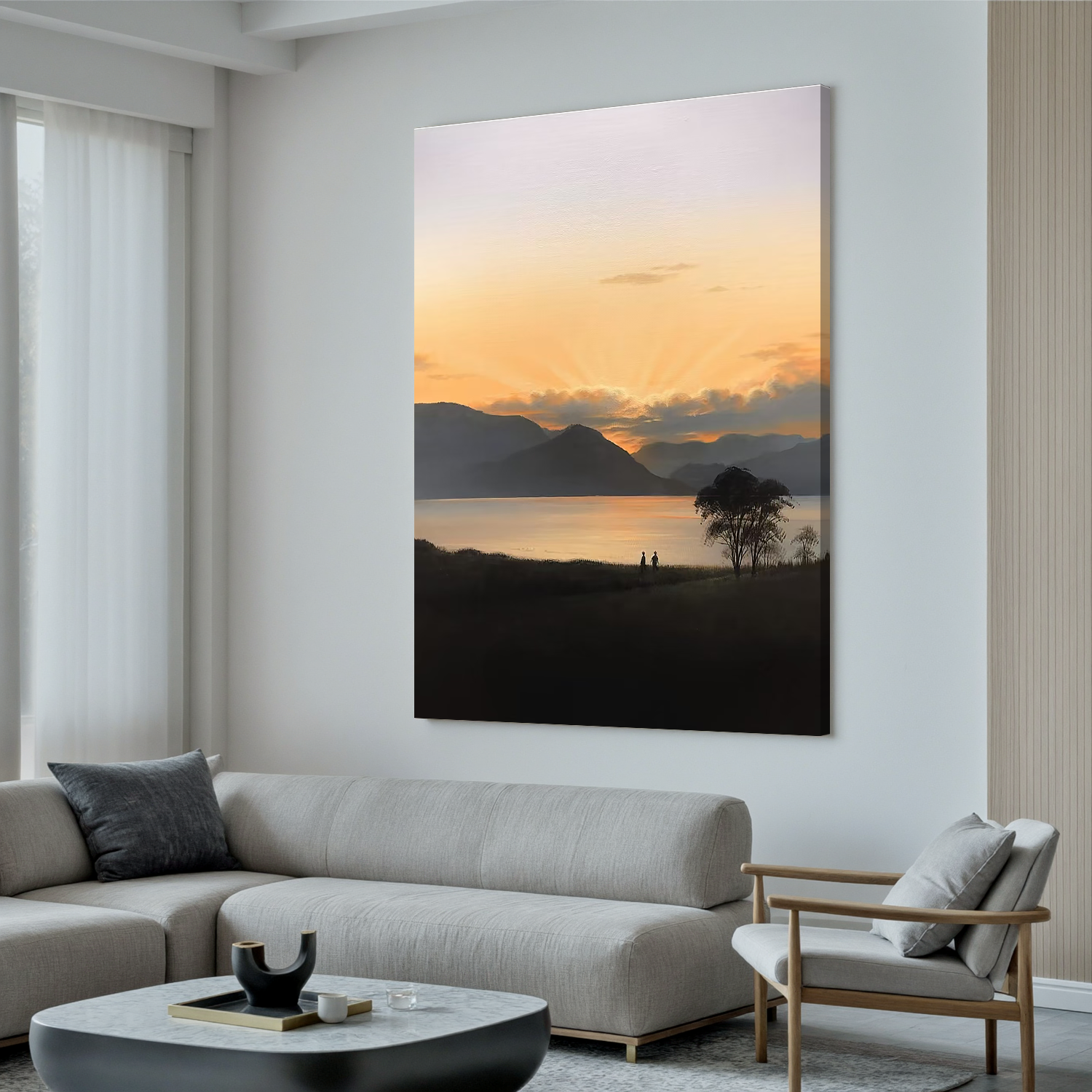 Romantic Sunrise Lake Wall Art, Serene Mountain Landscape Canvas Painting with Couple Silhouette for Living Room Decor #OA 0771