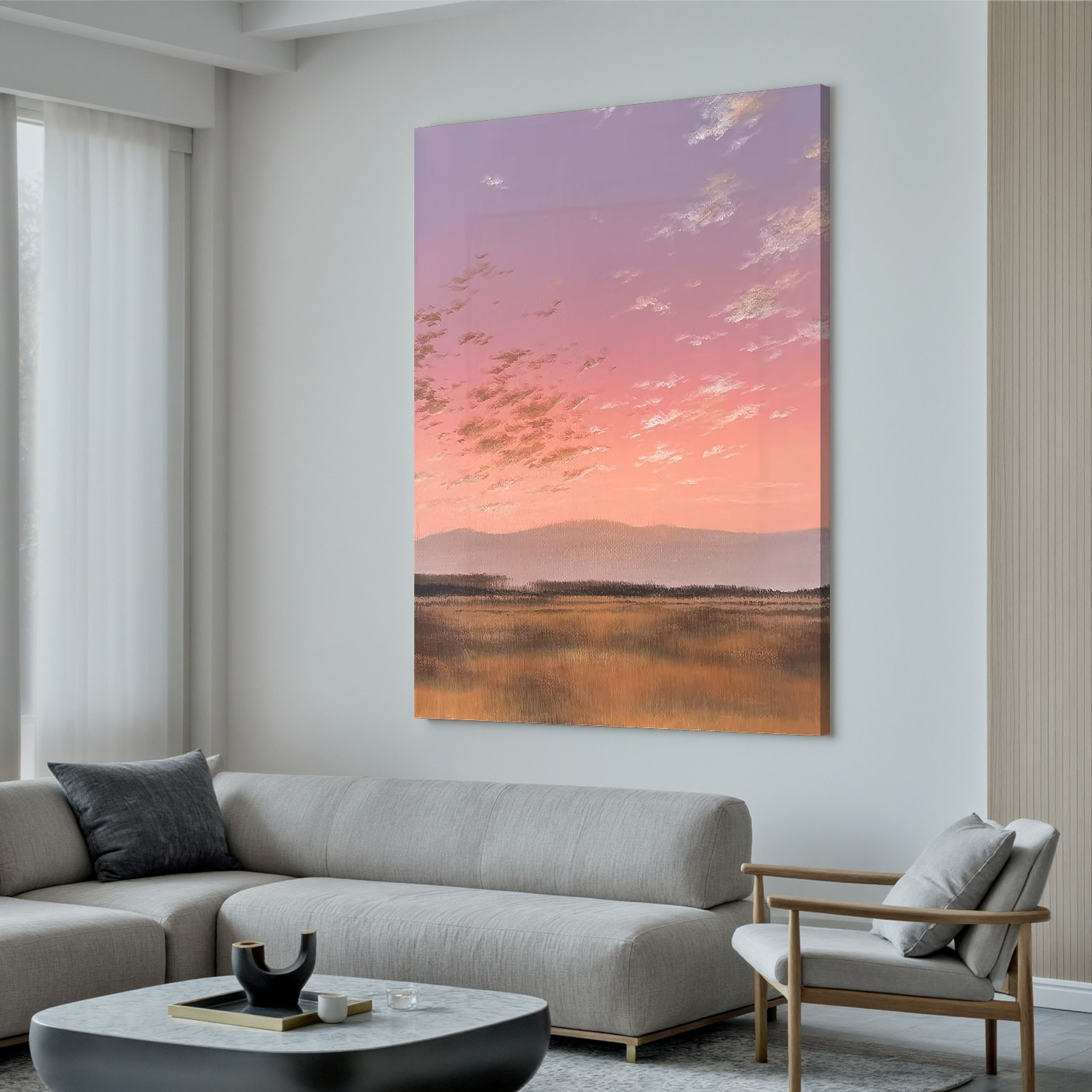 Pink Sunset Meadow Wall Art, Pastel Landscape Canvas Painting with Distant Mountains for Living Room Decor #OA 0780