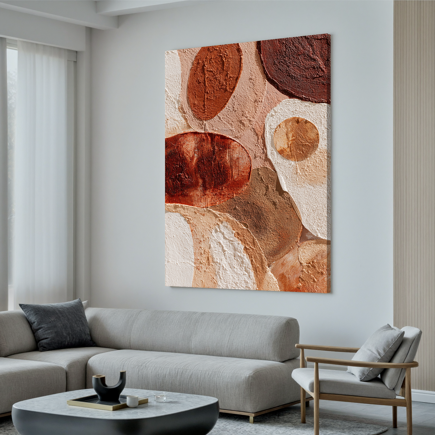 Large Vertical Abstract Circle Canvas Wall Art – Boho Earth Tone Textured Painting for Modern Home Decor#OA 0840