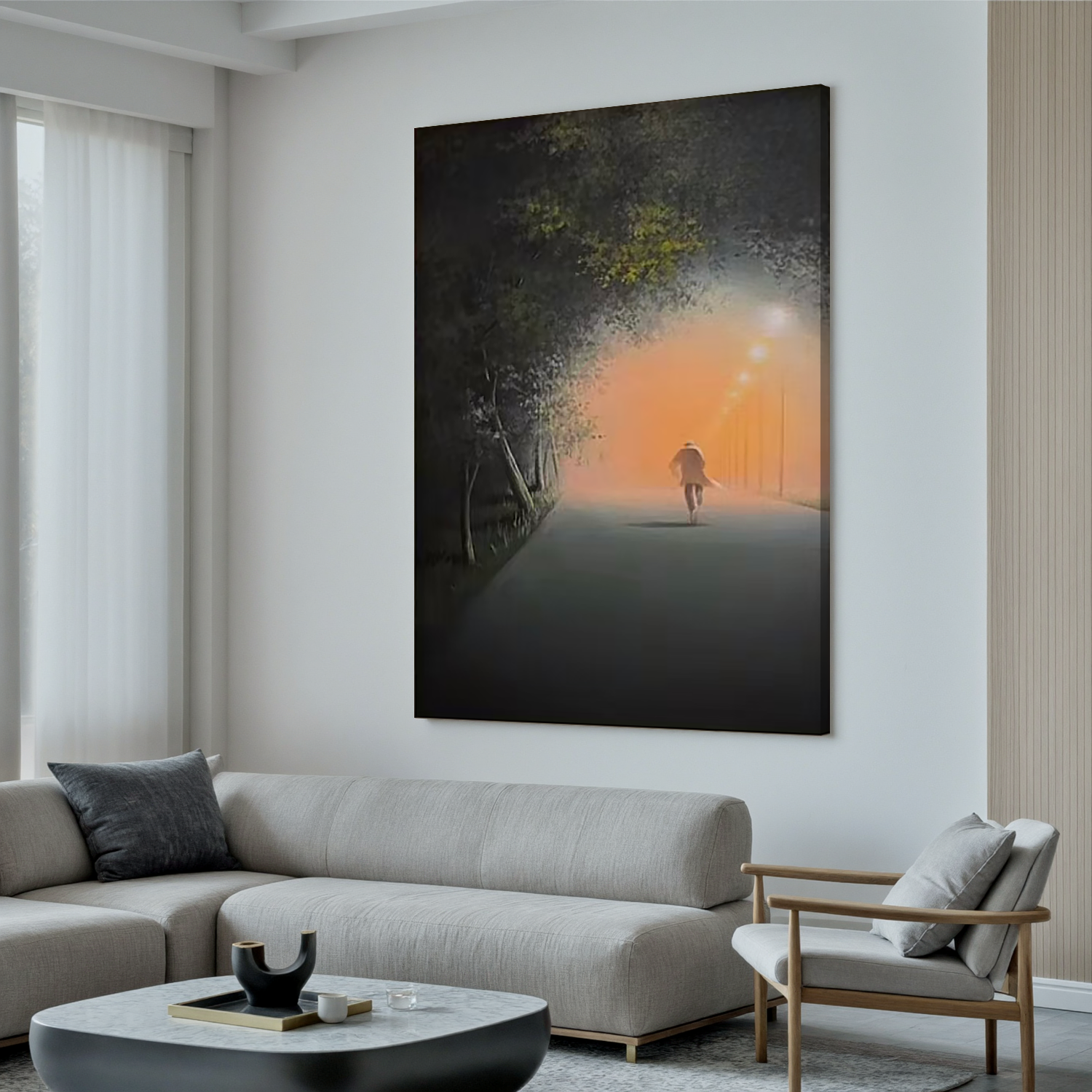 Moody Foggy Street Wall Art, Solitary Figure Walking Under Streetlights Canvas Painting for Modern Home Decor #OA 0767