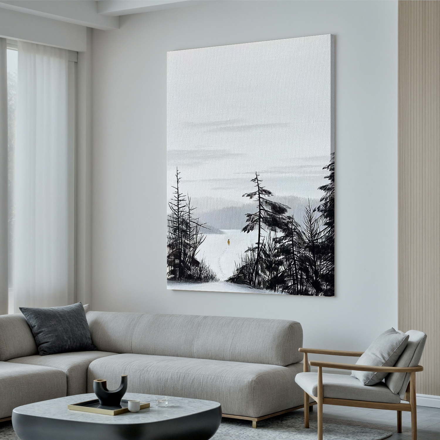 Minimalist Winter Landscape Wall Art โ Snowy Forest with Solitary Figure Canvas Painting for Living Room Decor #OA 0816