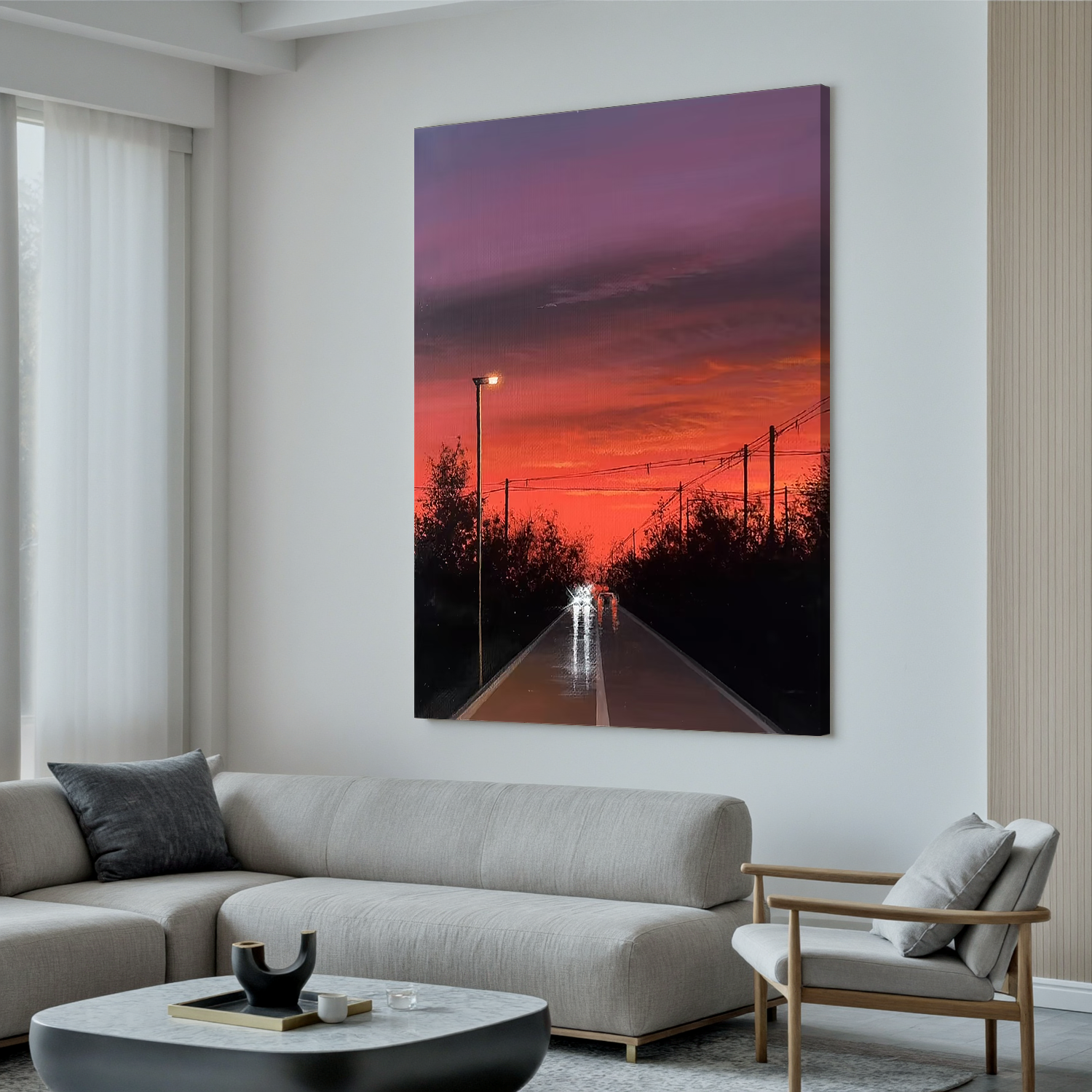 Fiery Sunset Road Wall Art, Moody Urban Landscape Canvas Painting with Streetlight Reflections for Modern Living Room Decor #OA 0788