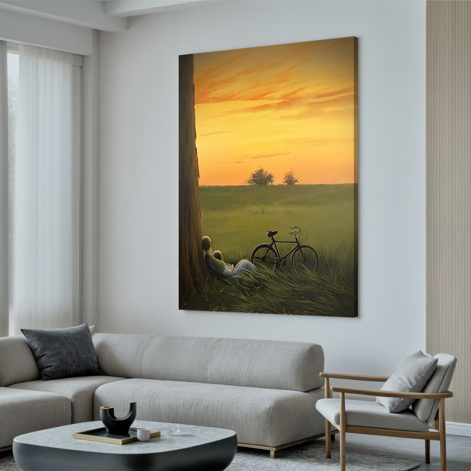Romantic Couple Under Tree Wall Art, Vintage Bicycle Sunset Countryside Canvas Painting for Living Room Decor #OA 0781