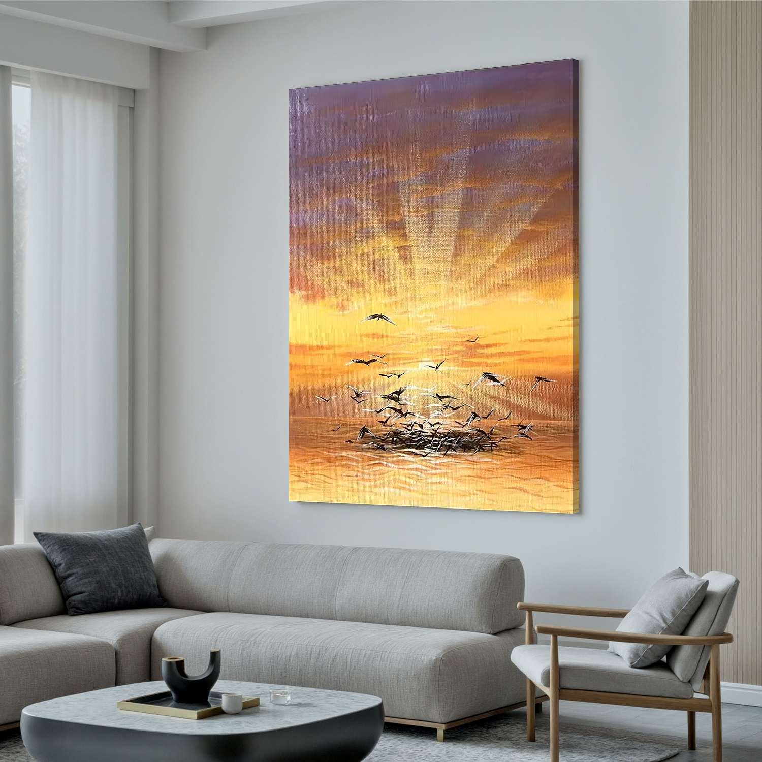 Golden Ocean Sunrise Wall Art with Flying Seagulls, Serene Coastal Landscape Canvas Painting for Living Room Decor #OA 0789