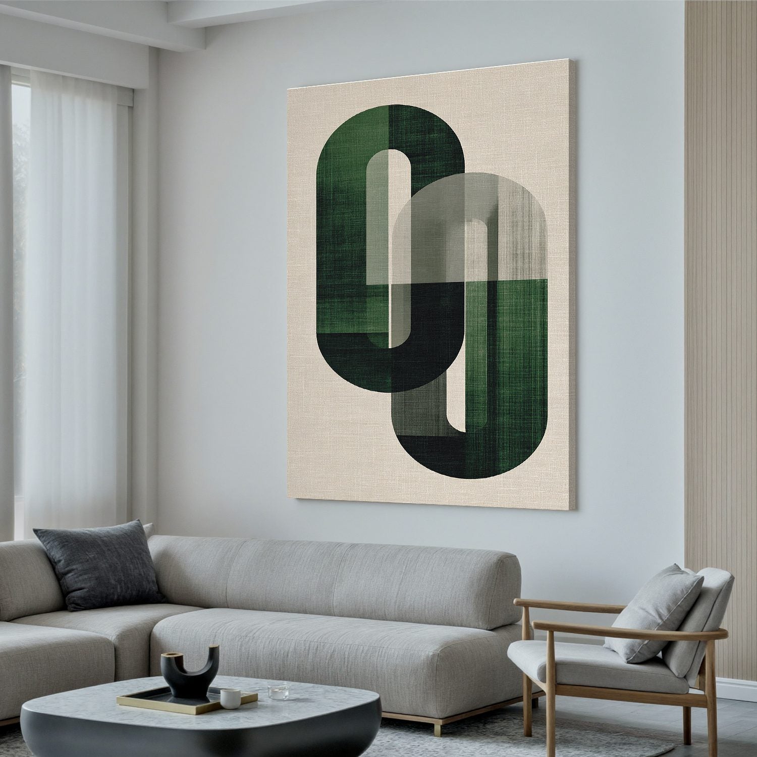 Modern Green Geometric Abstract Wall Art, Emerald Arch Shape Canvas Painting for Living Room Décor #OA 0007