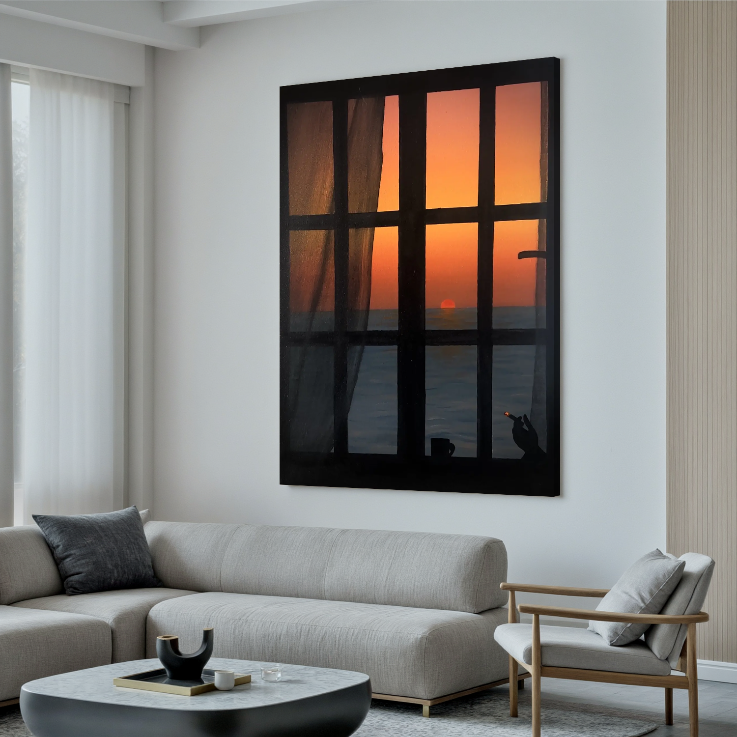 Ocean Sunset Window View Wall Art, Silhouette Interior Scene Canvas, Romantic Seascape Painting for Living Room Decor #OA 0756