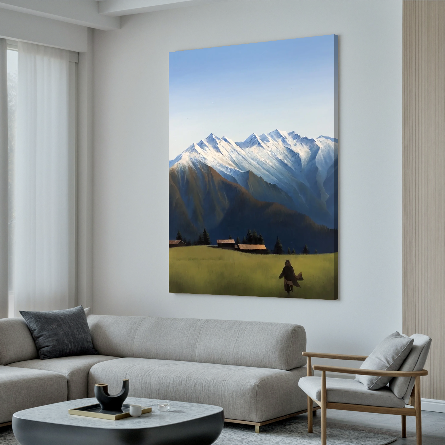 Snow-Capped Mountain Landscape Wall Art, Alpine Meadow with Cabins Canvas Painting for Living Room Decor #OA 0766