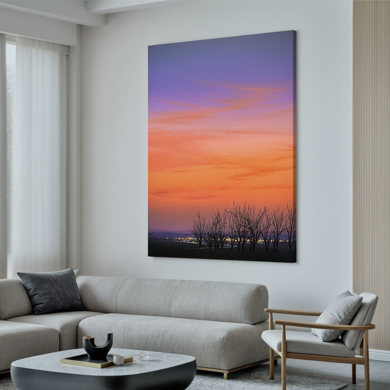 Sunset Sky with Bare Trees and Distant City Lights Wall Art, Serene Landscape Canvas for Living Room Decor #OA 0755