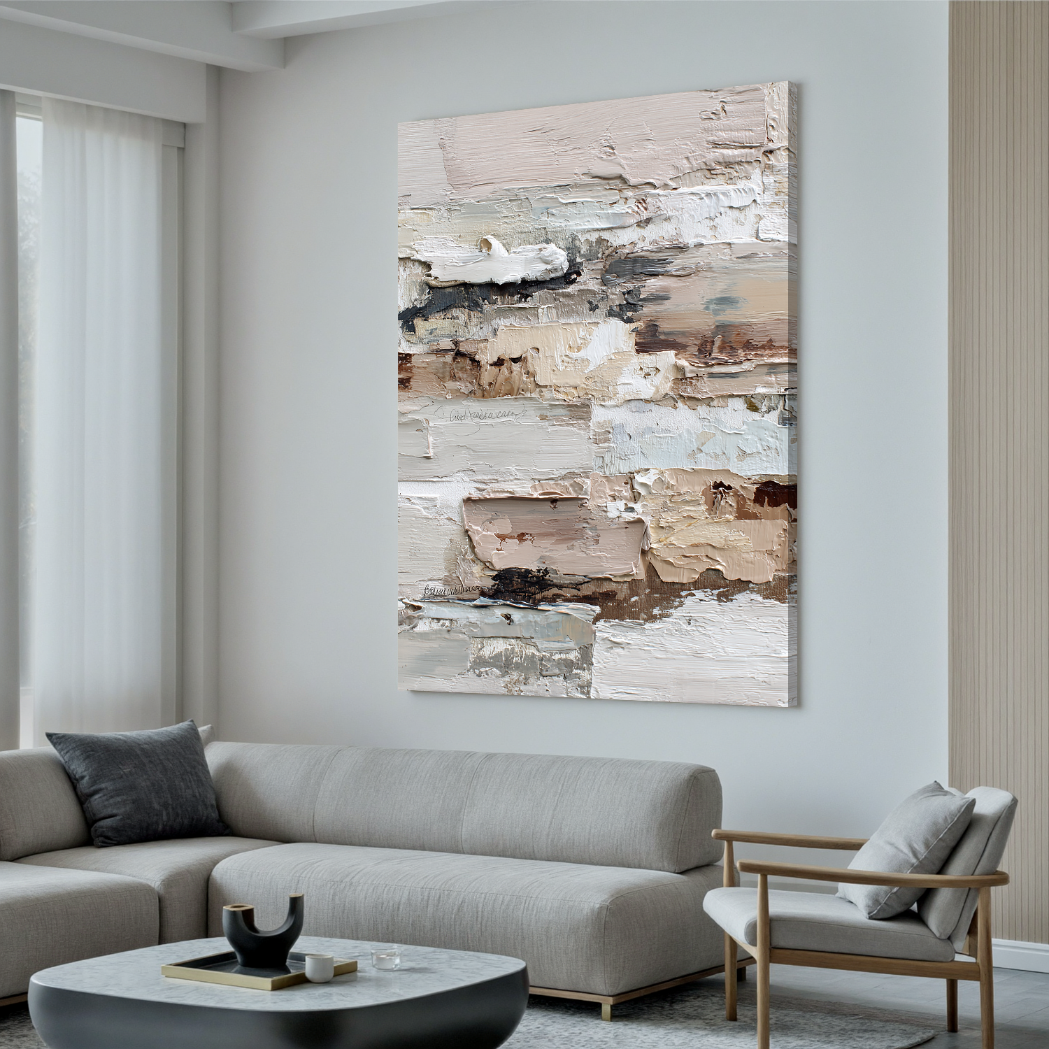 Light Neutral Textured Abstract Wall Art – Beige and White Minimalist Canvas Painting for Modern Living Room Decor#OA 826