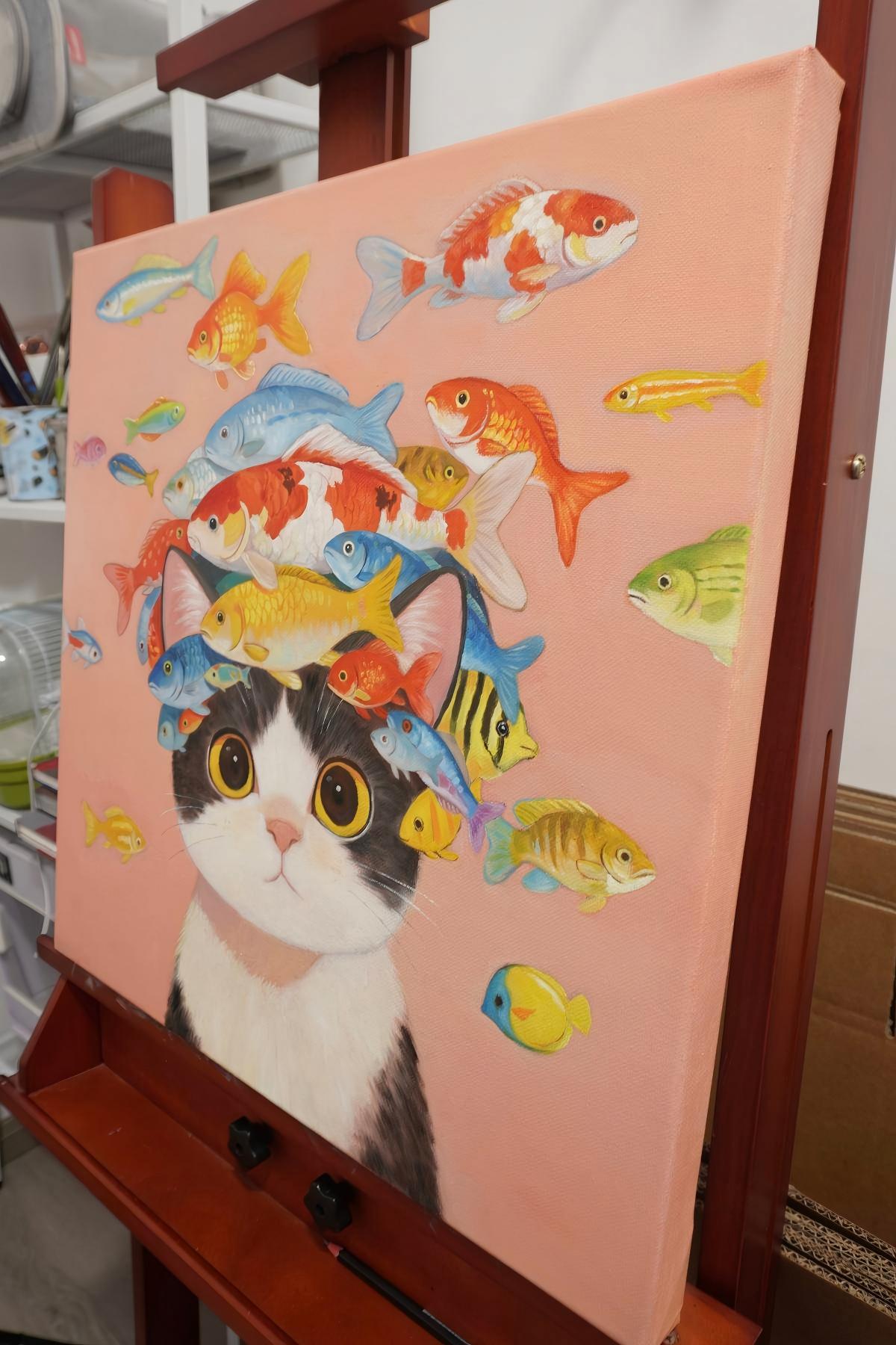 Boss Cat's Fish Hat(20''x 20''/ 50 x 50 CM/Frameless Stretched)