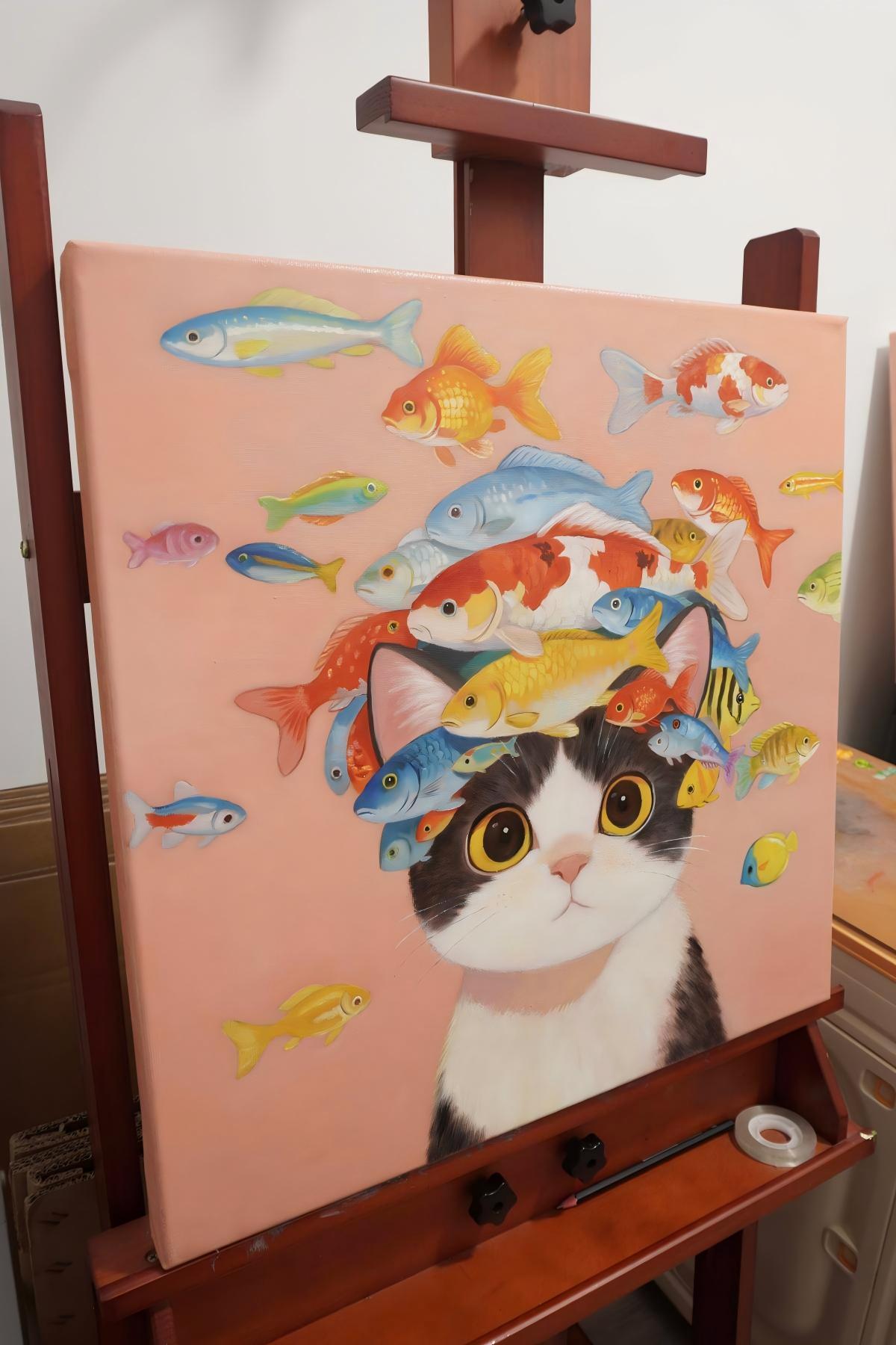 Boss Cat's Fish Hat(20''x 20''/ 50 x 50 CM/Frameless Stretched)