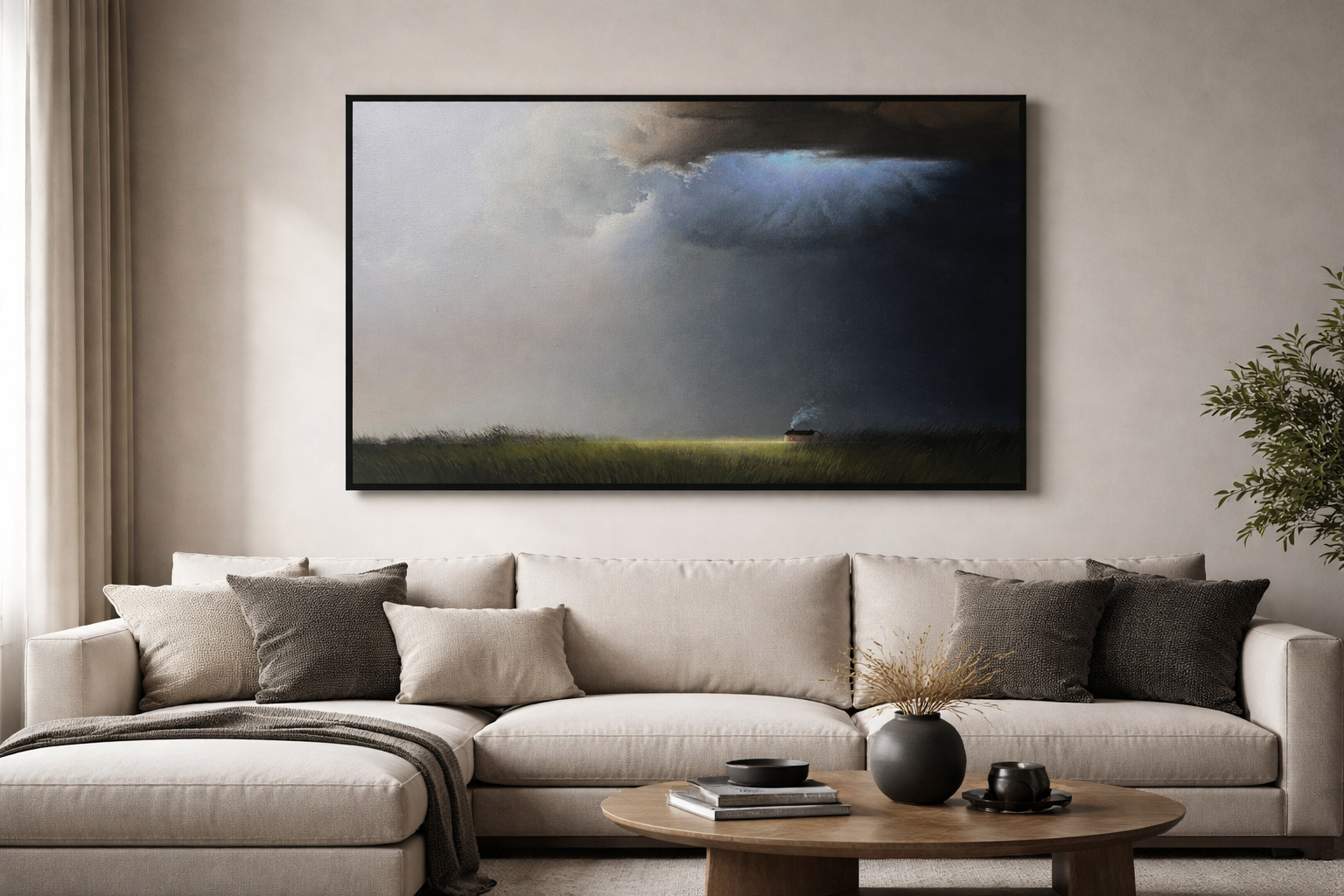 Dramatic Sky Landscape Wall Art, Moody Cloud and Light Canvas Painting with Solitary Cabin for Living Room Decor #OA 0726