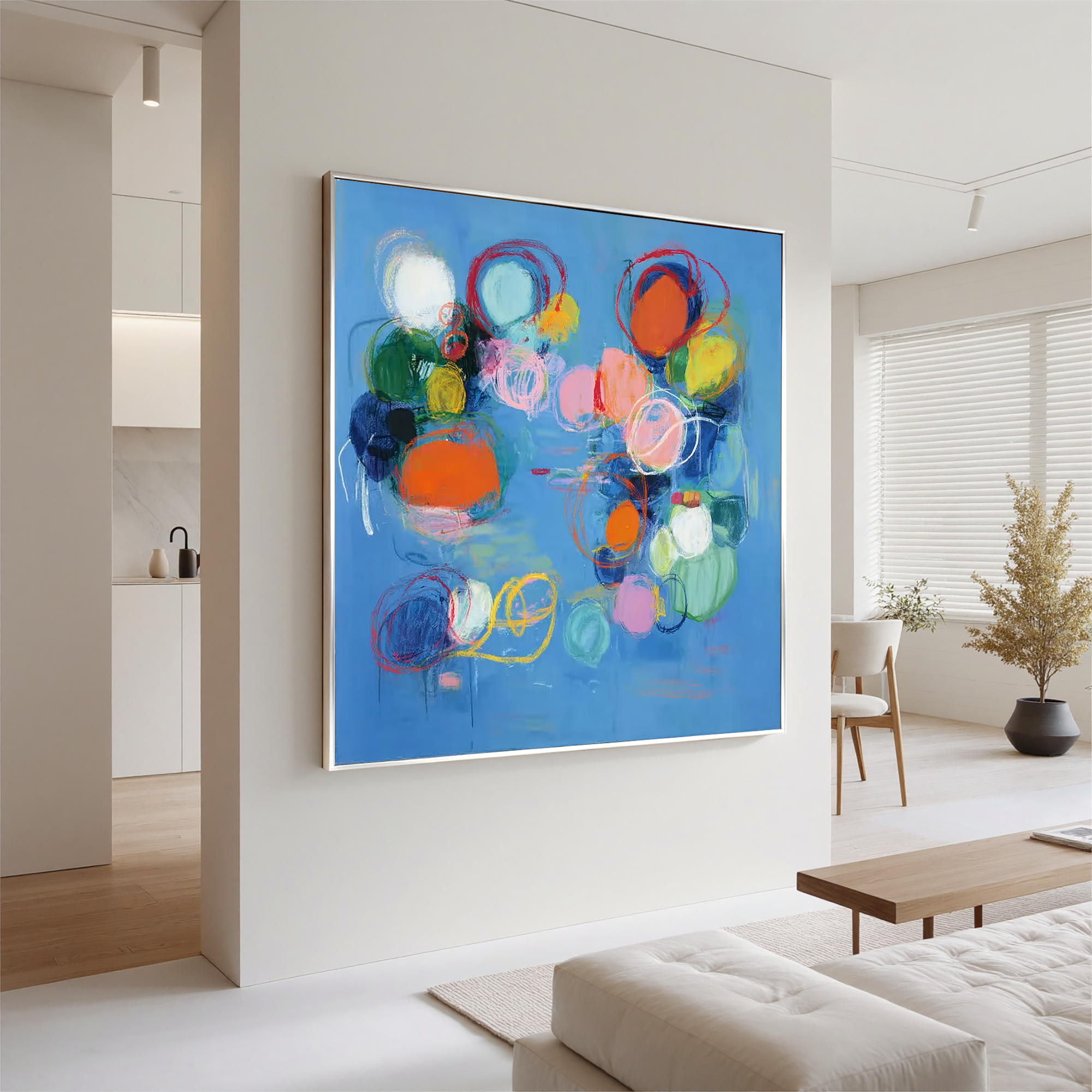 Abstract Blue Modern Oil Painting Canvas – Colorful Circle Wall Art for Living Room Contemporary Home Decor#OA 0474