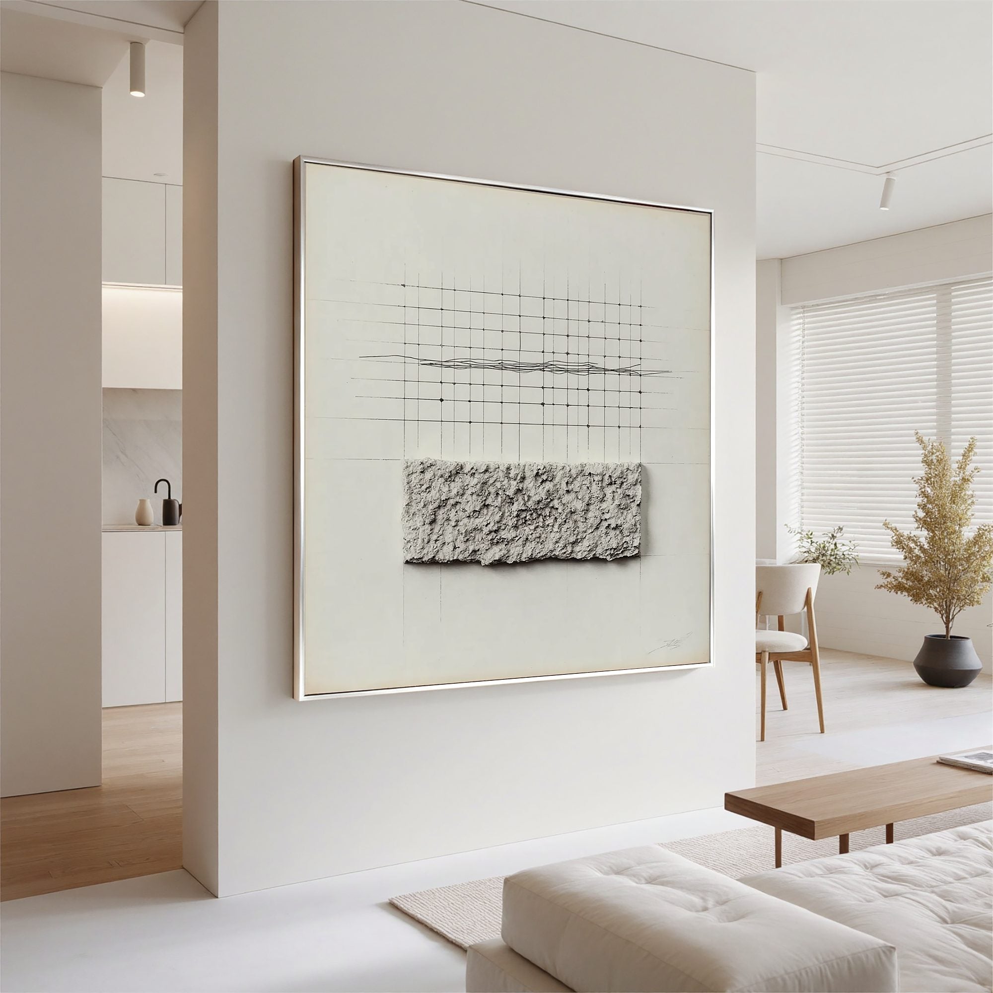 Minimal Geometric Textured Wall Art, Neutral Grid Line Canvas Painting for Modern Living Room Décor #OA 0403