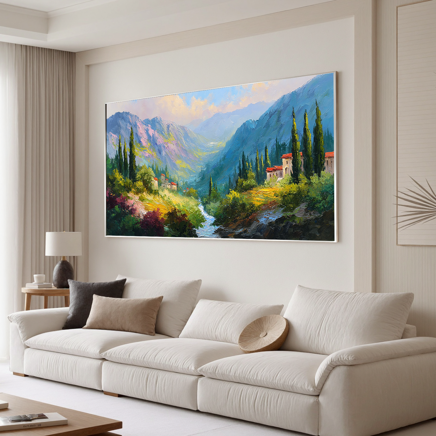 Large Mediterranean Mountain Landscape Oil Painting – Scenic Valley Canvas Wall Art#OA 0889
