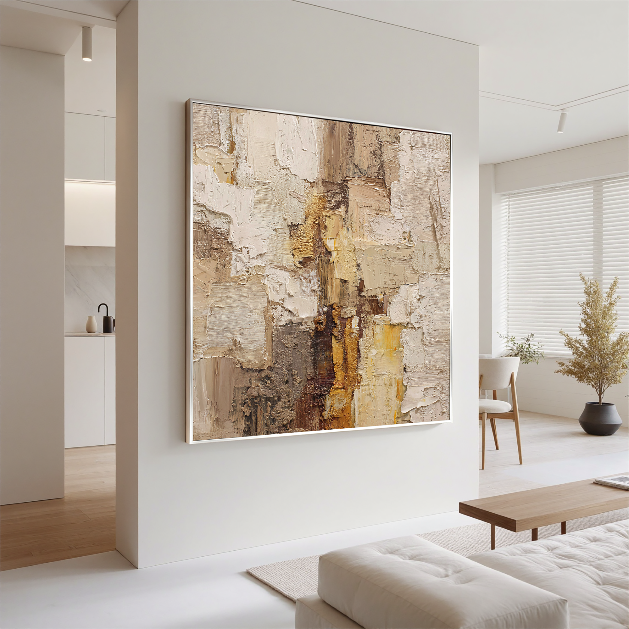 Warm Neutral Textured Abstract Wall Art – Beige and Gold Canvas Painting for Modern Living Room Decor#OA 824