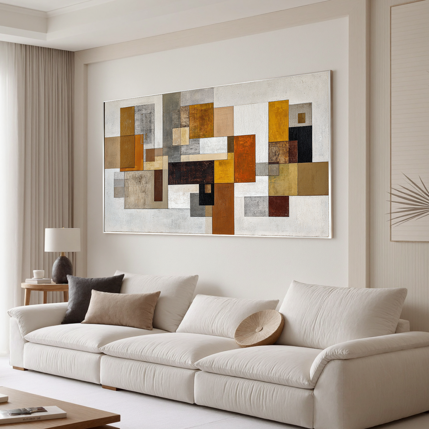 Mid Century Modern Geometric Abstract Canvas Wall Art – Large Horizontal Neutral Beige and Mustard Yellow Painting for Living Room Decor#OA 0866