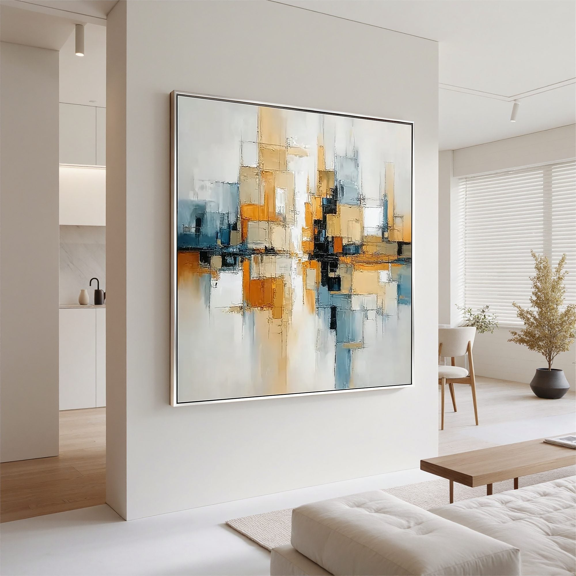 Modern Geometric Abstract Wall Art, Gold and Blue Cityscape Canvas Painting for Living Room Décor #OA 0405
