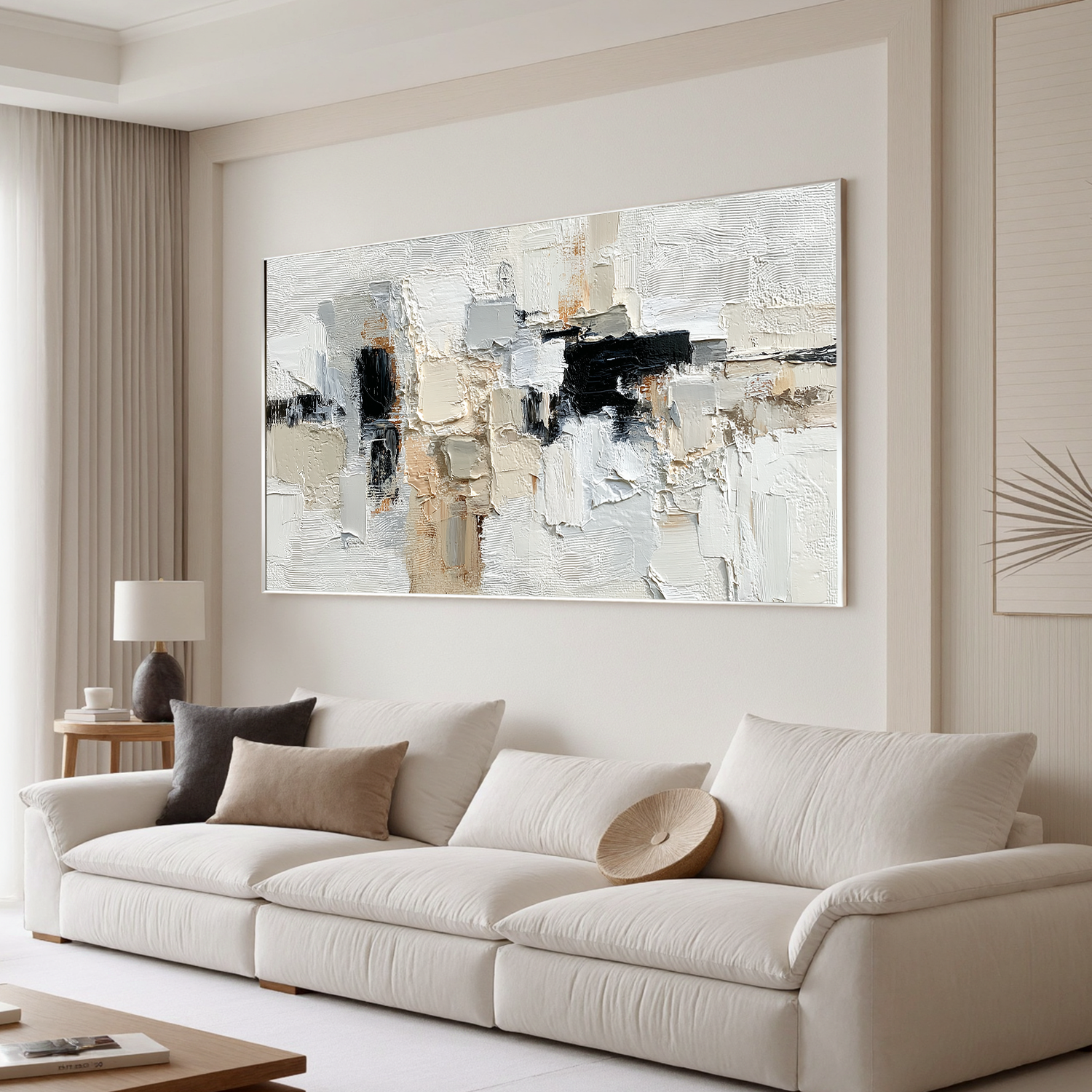 Large Neutral Abstract Canvas Wall Art – Textured Black White Beige Painting for Modern Living Room Decor#OA 0872