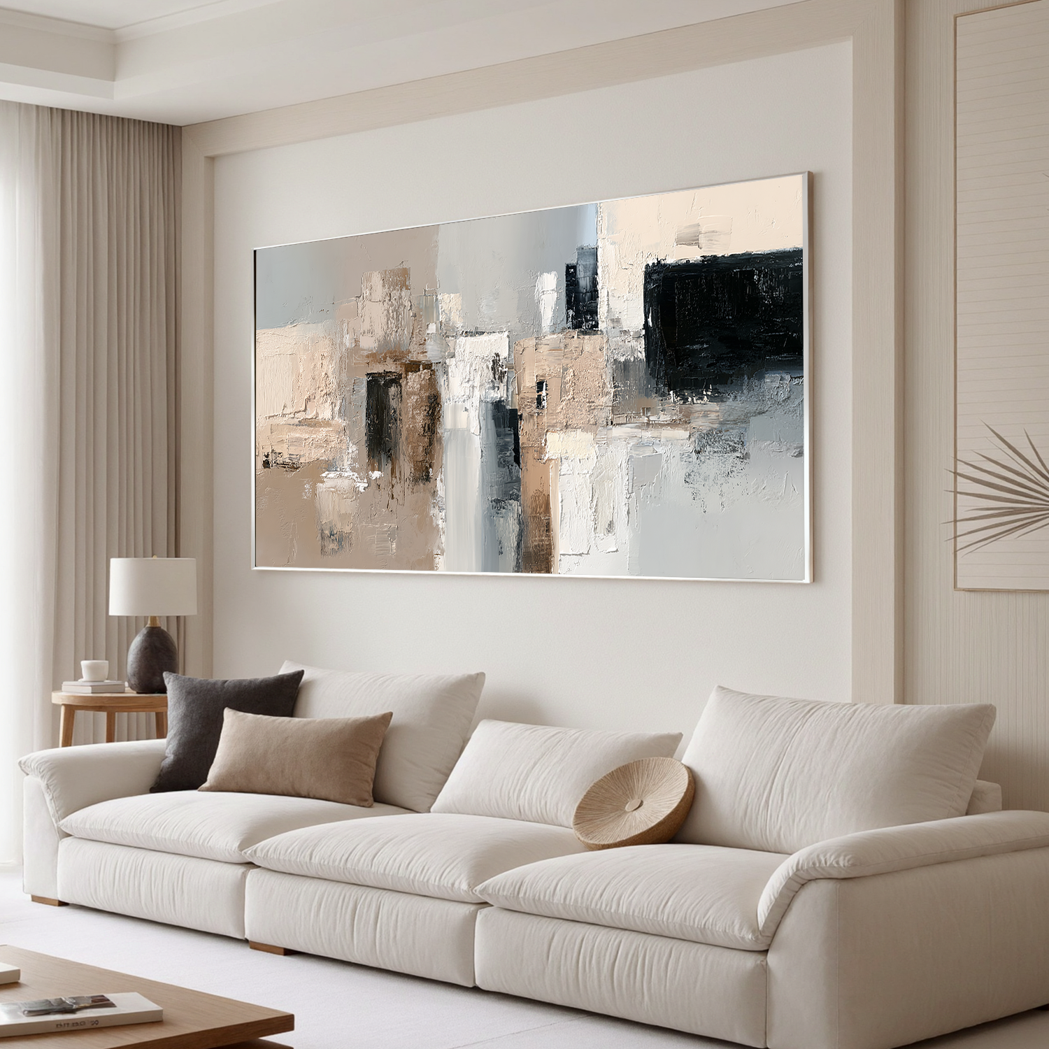 Large Neutral Abstract Canvas Wall Art – Modern Textured Black White Beige Painting for Living Room Decor#OA 0874