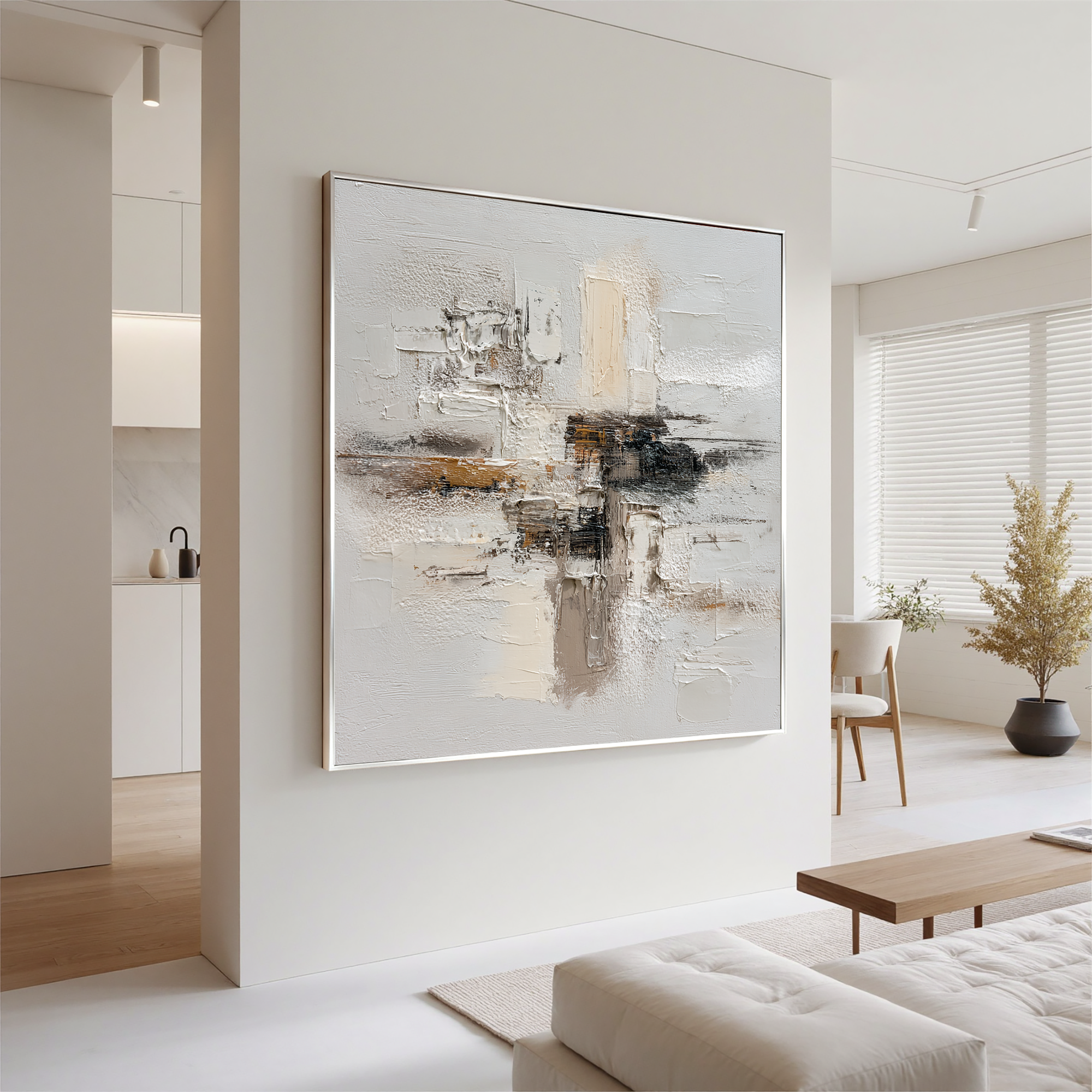 Large Neutral Textured Abstract Canvas Wall Art – Beige White Minimalist Painting for Modern Living Room Decor#OA 0882
