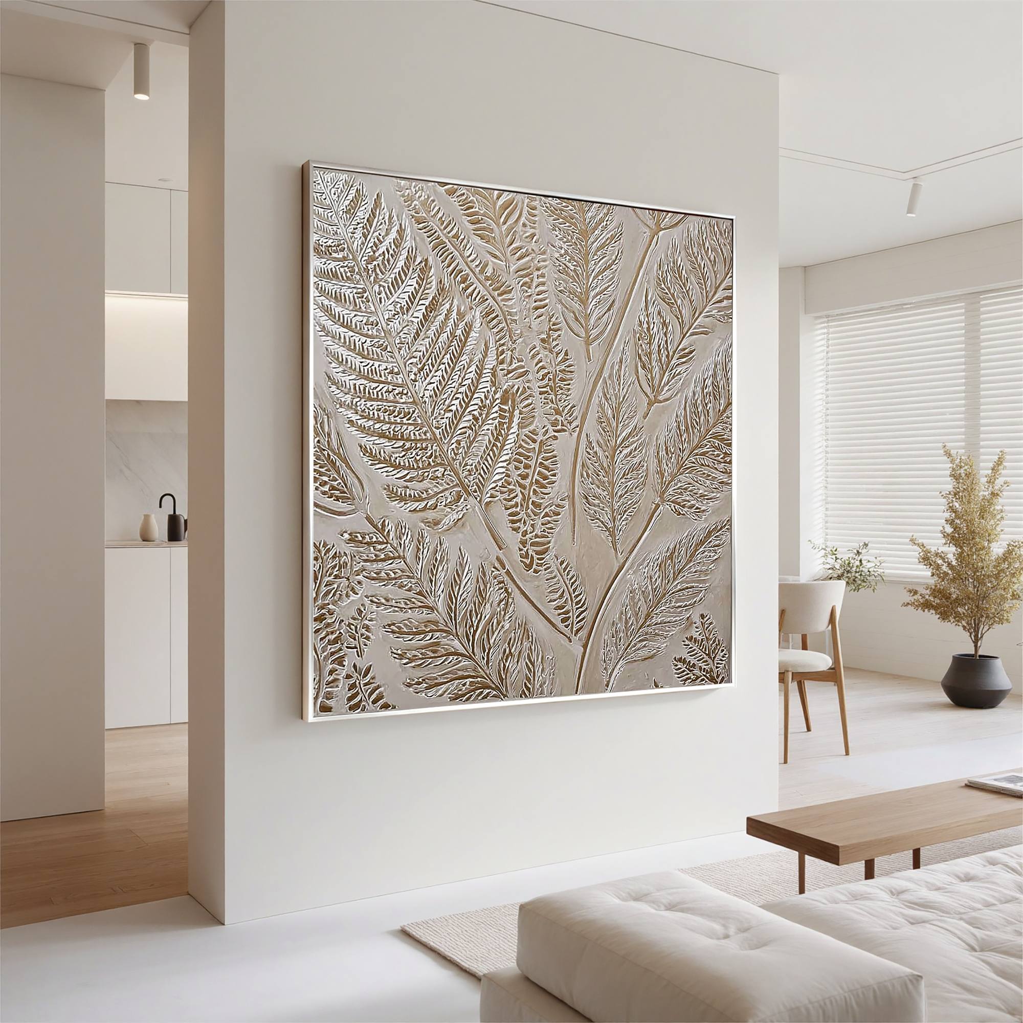 Neutral Botanical Textured Wall Art – Hand Painted Beige Fern Canvas Painting for Modern Minimalist Living Room Decor #OA 0433