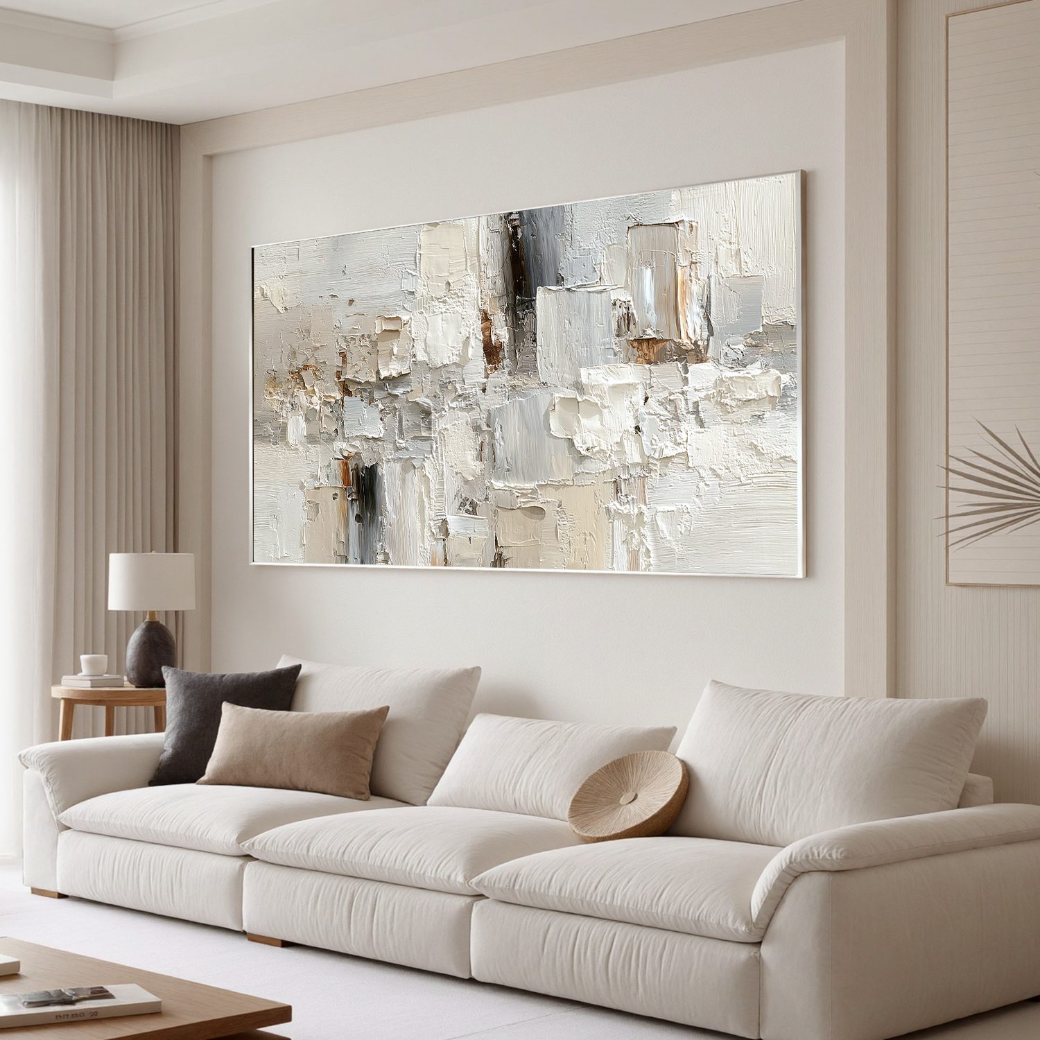 Large Neutral Textured Abstract Canvas Wall Art – Horizontal Impasto Painting in Cream White for Modern Living Room Decor#OA 0880