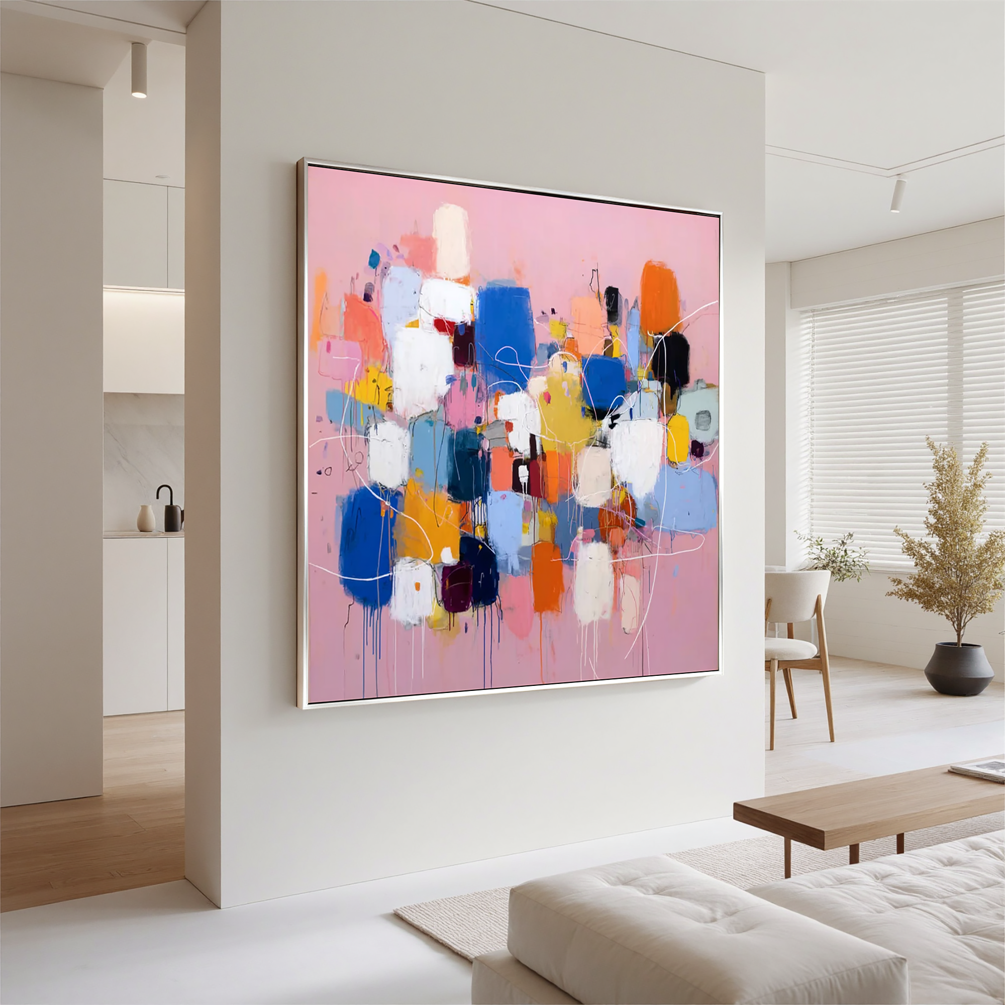 Abstract Pink Color Block Oil Painting Canvas – Modern Geometric Wall Art for Living Room Contemporary Home Decor#OA 0494