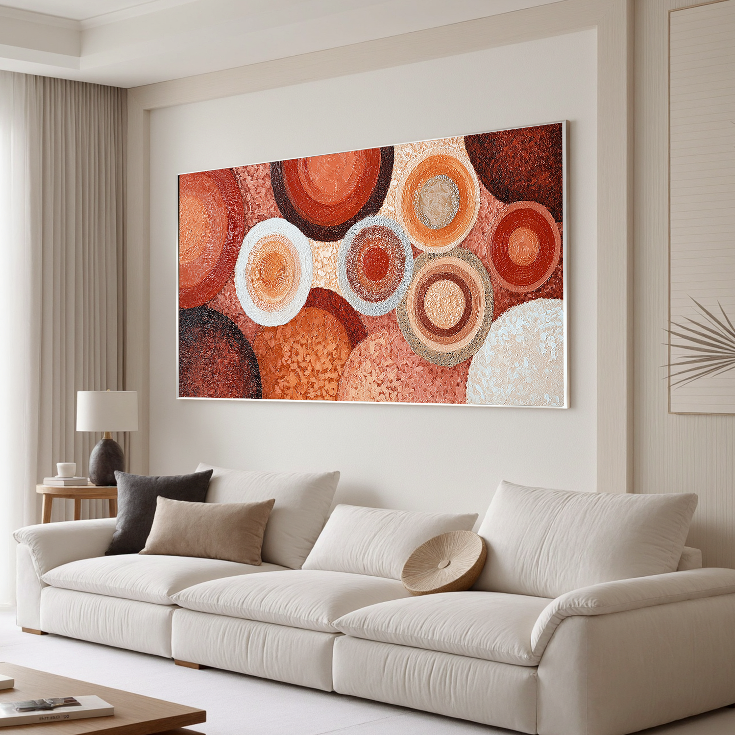 Large Abstract Circle Canvas Wall Art – Terracotta Boho Textured Painting for Modern Living Room Decor#OA 0838