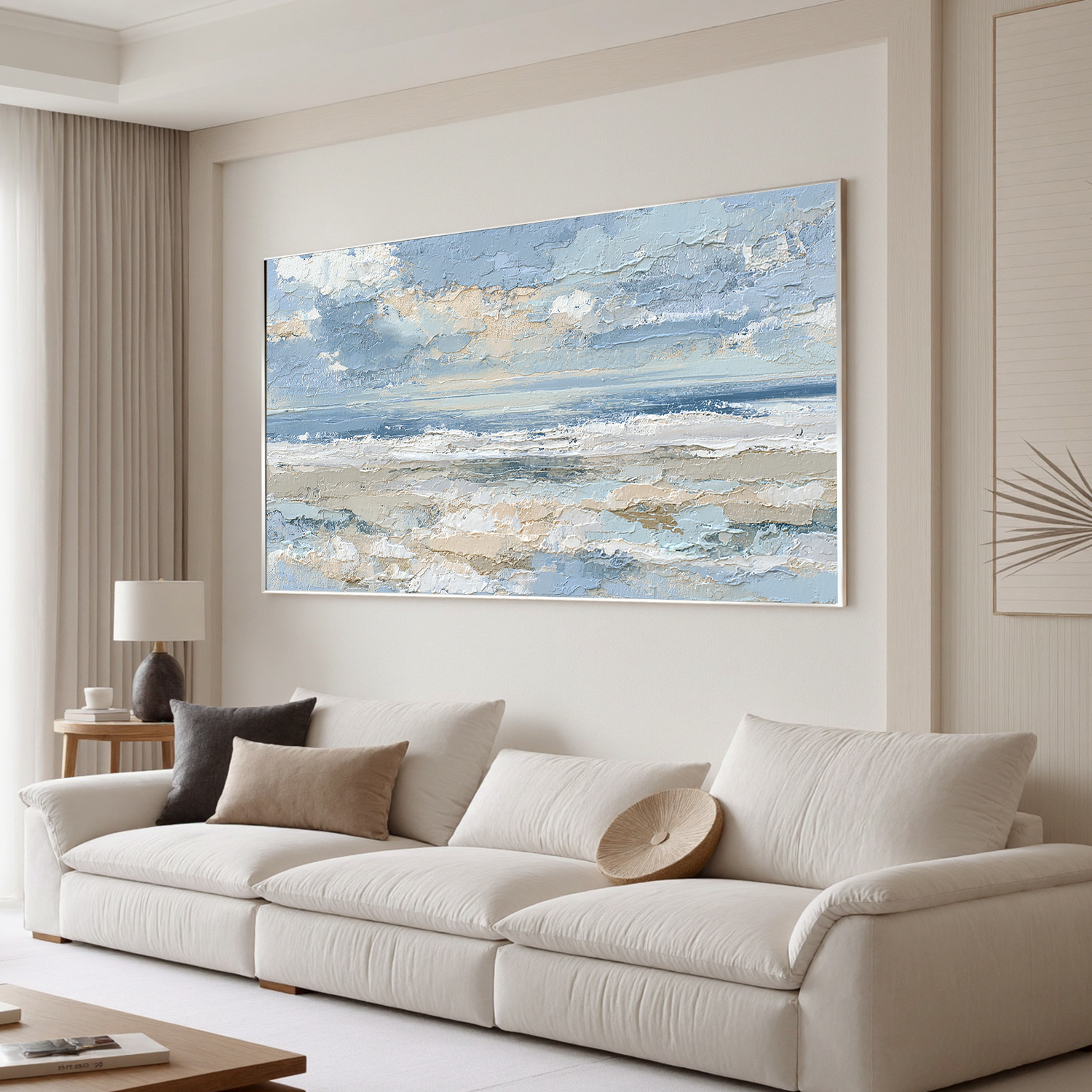 Large Coastal Seascape Canvas Wall Art – Blue Ocean Waves & Sky Painting for Modern Living Room Decor#OA 0843