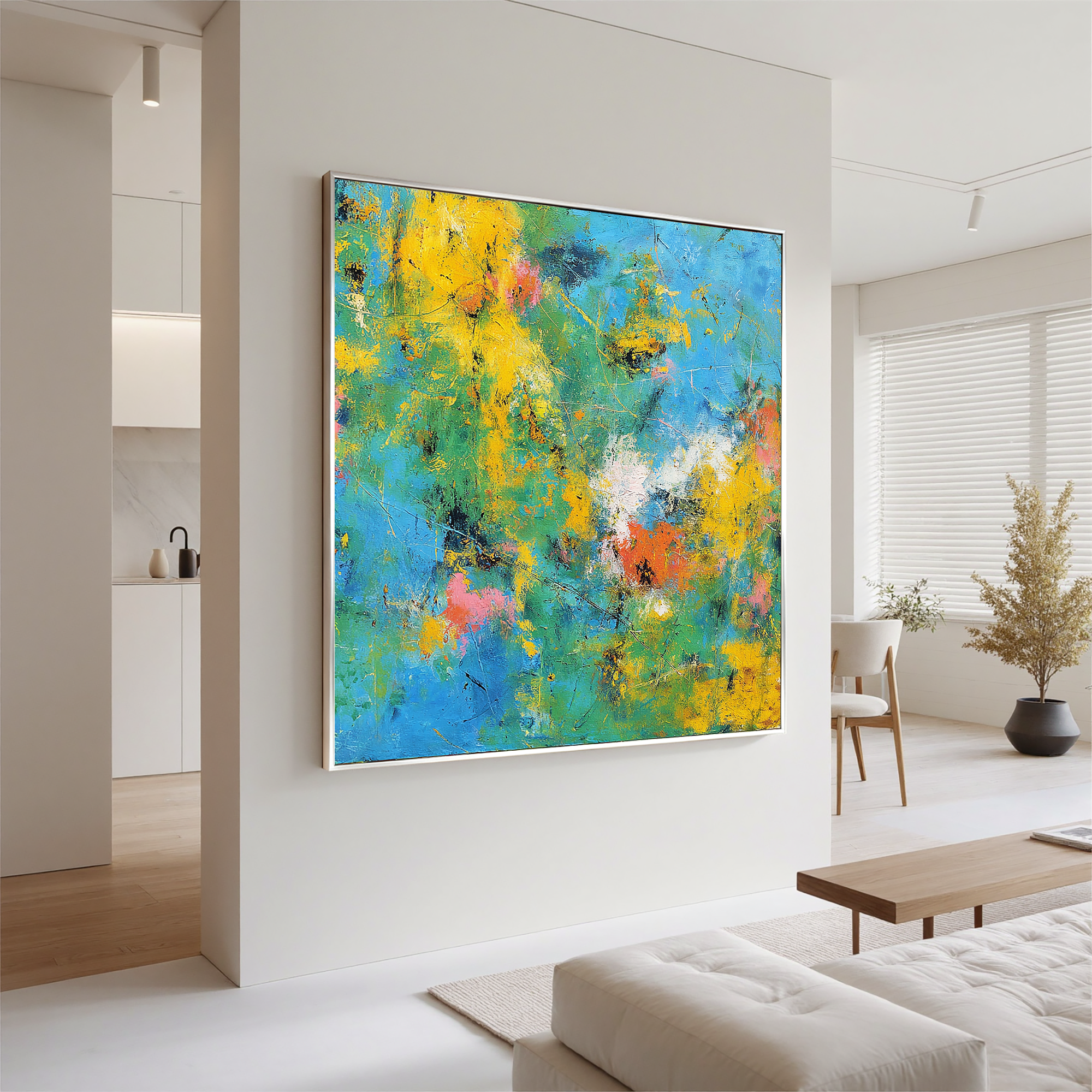 Abstract Colorful Oil Painting Canvas – Blue Green Yellow Modern Wall Art for Living Room Contemporary Home Decor#OA 0491
