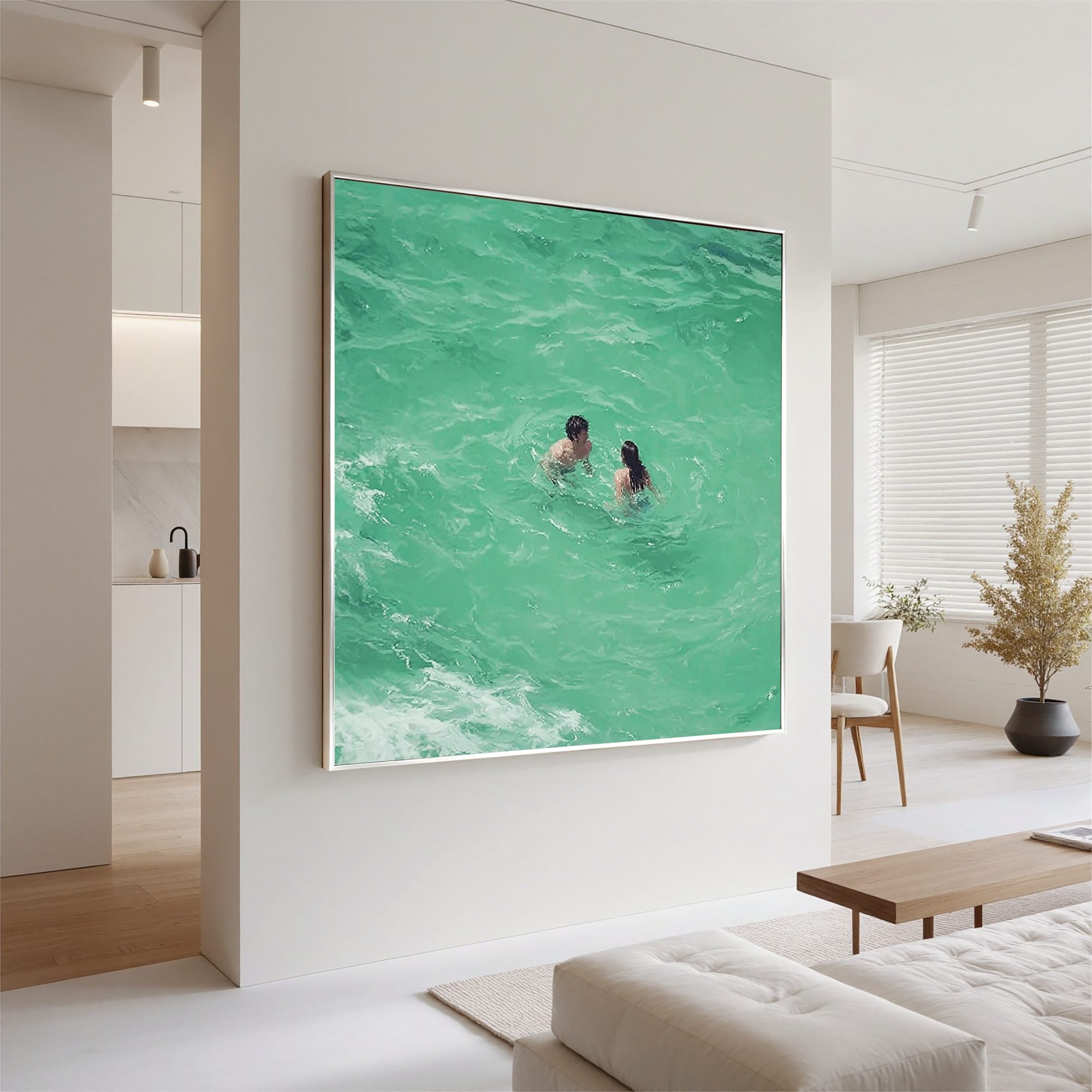 Romantic Couple Swimming in Turquoise Ocean Oil Painting | Coastal Wall Art for Modern Living Room #OA 0426